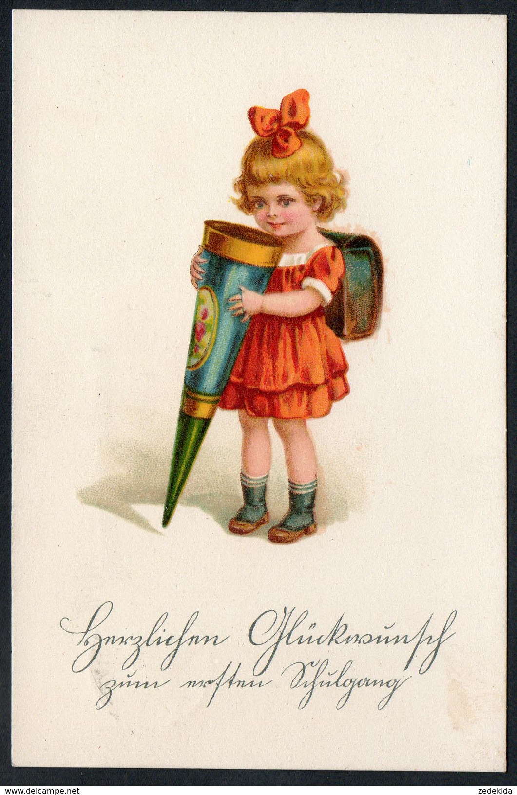 9011 - Alte Litho Glückwunschkarte - Schulanfang Mädchen Mit Zuckertüte - Gel 1927 - Schwertfeger 5125 - Primero Día De Escuela