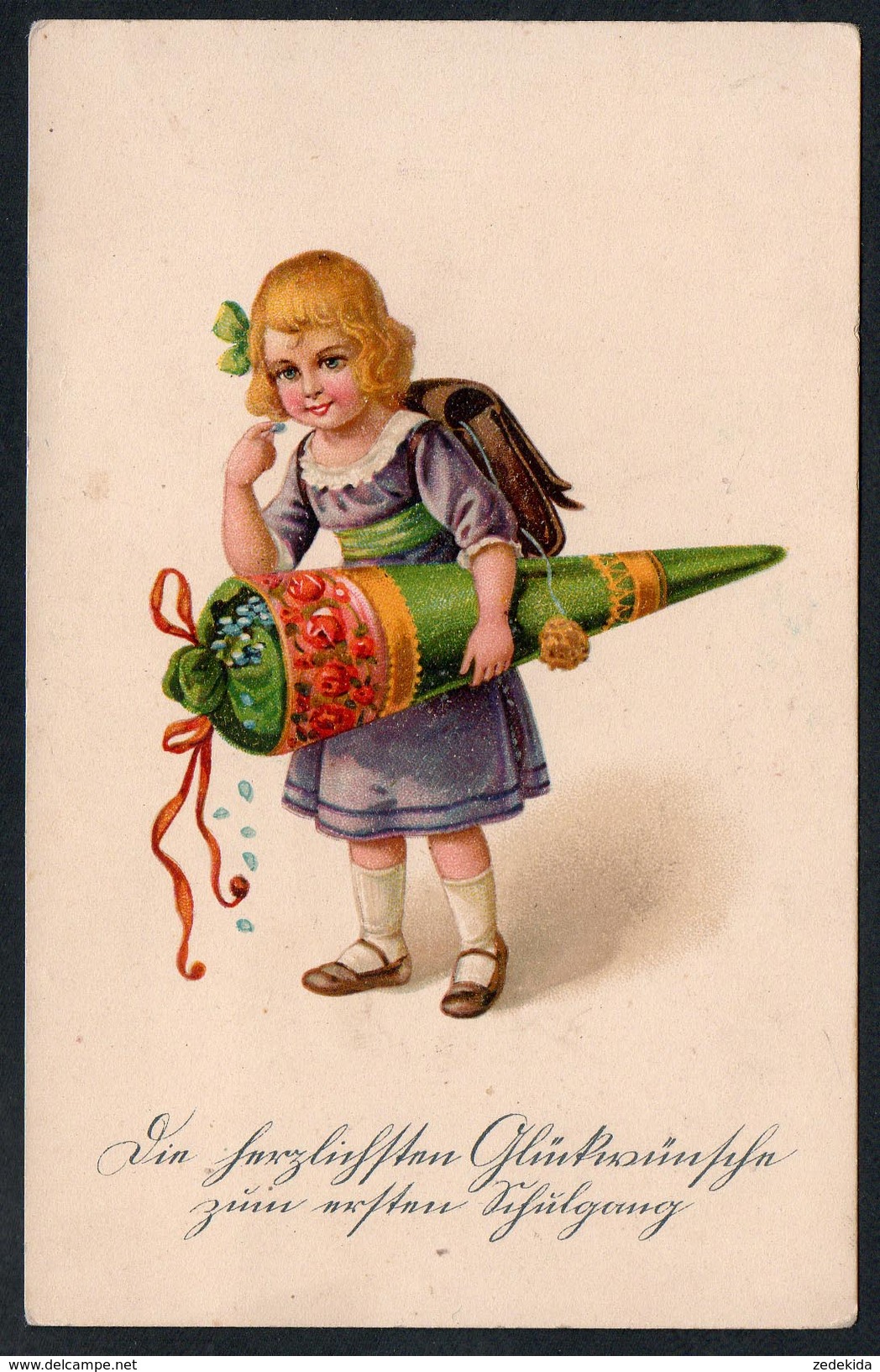 9012 - Alte Litho Glückwunschkarte - Schulanfang Mädchen Mit Zuckertüte - N. Gel - Schwertfeger 4438 - Primero Día De Escuela