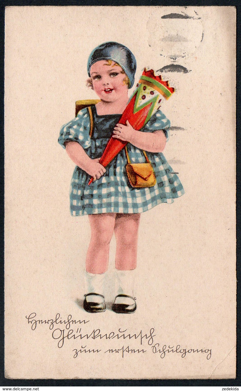 9017 - Alte Glückwunschkarte - Schulanfang Mädchen Mit Zuckertüte - Gel - Primero Día De Escuela