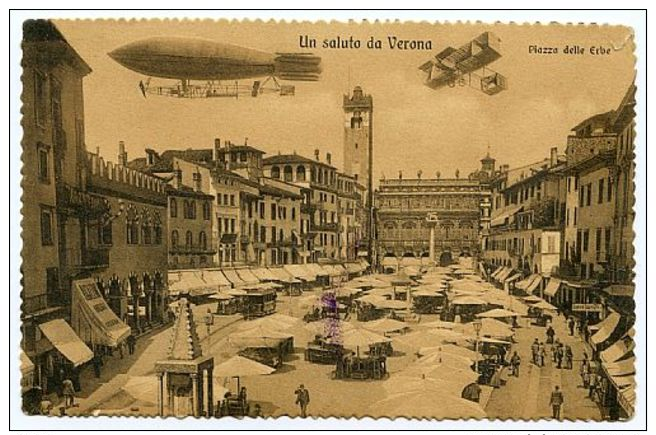 Verona - Cart. Non Viaggiata - Un Saluto Da Verona Con Aereo E Mongolfiera. / [francobollo Nuovo Con Gomma... - Altri & Non Classificati