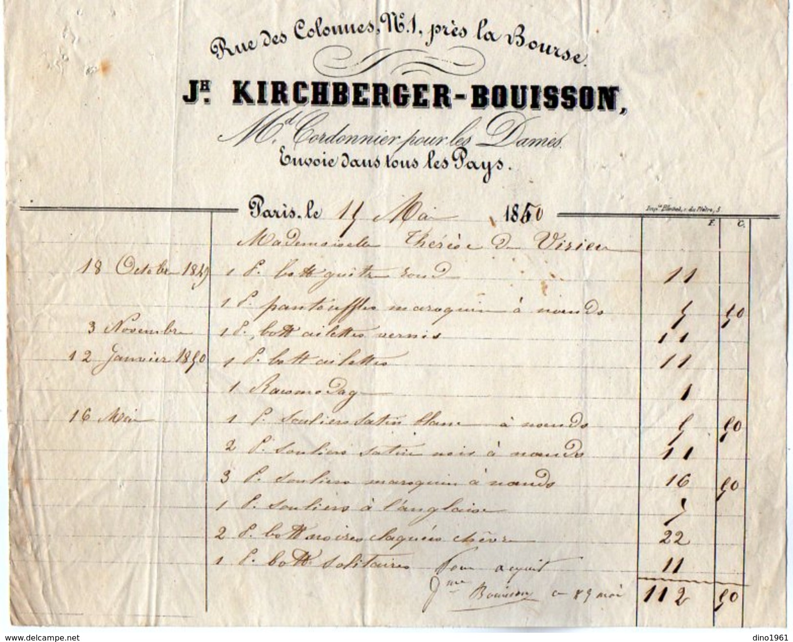 VP6942 - Facture - Jh.KIRCHBERGER - BOUISSON Md Cordonnier à PARIS Rue Des Colonnes - 1800 – 1899