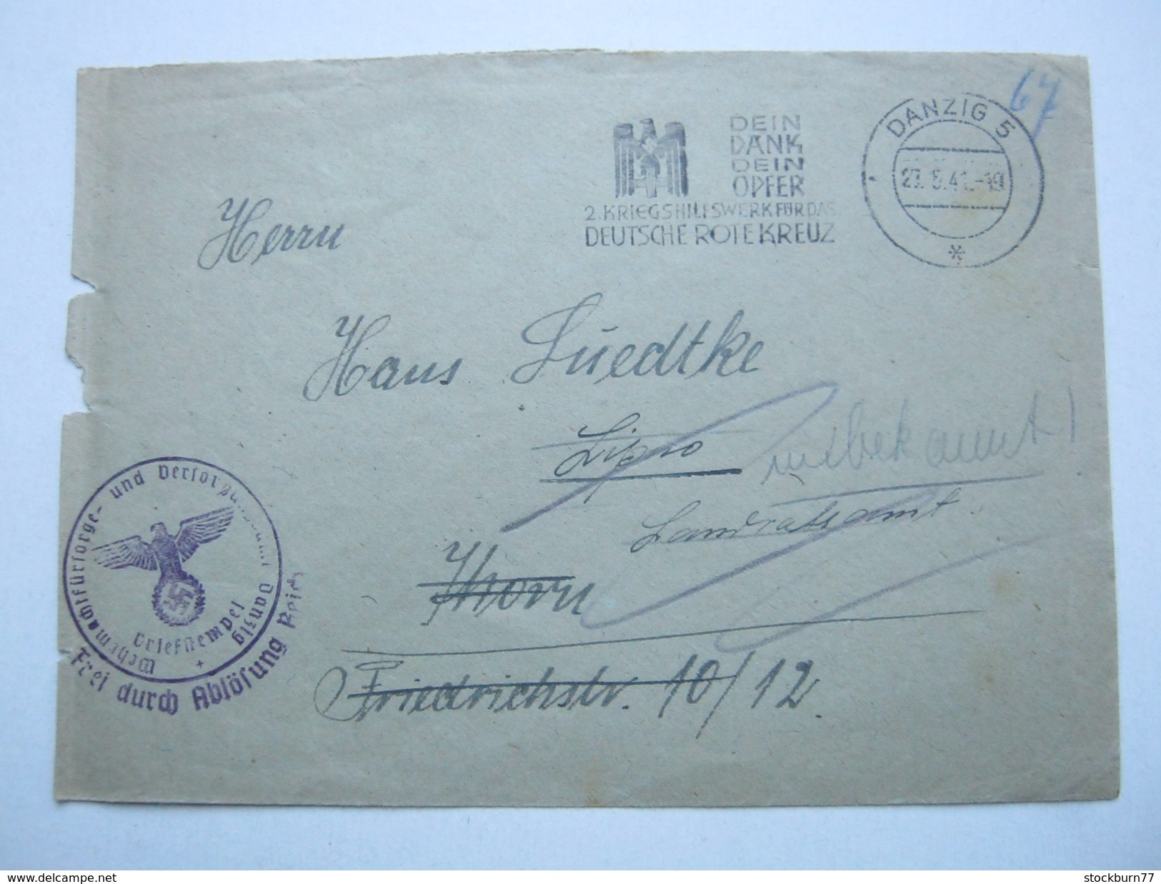 DANZIG ,  1941 , Danzig - Rotes Kreuz  Stempel Auf Feldpostbrief Mit Truppensiegel - Brieven En Documenten