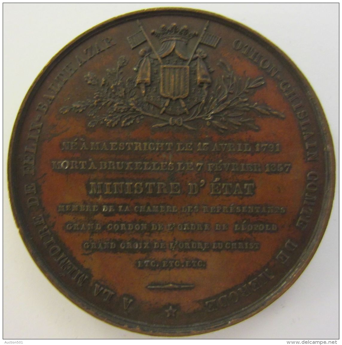 M01979  COMTE FELIX DE MERODE - MEMBRE DE LA CHAMBRE DES REPRESENTANTS - 1857 - Son Profil  (74g) Blason Au Revers - Monarchia / Nobiltà