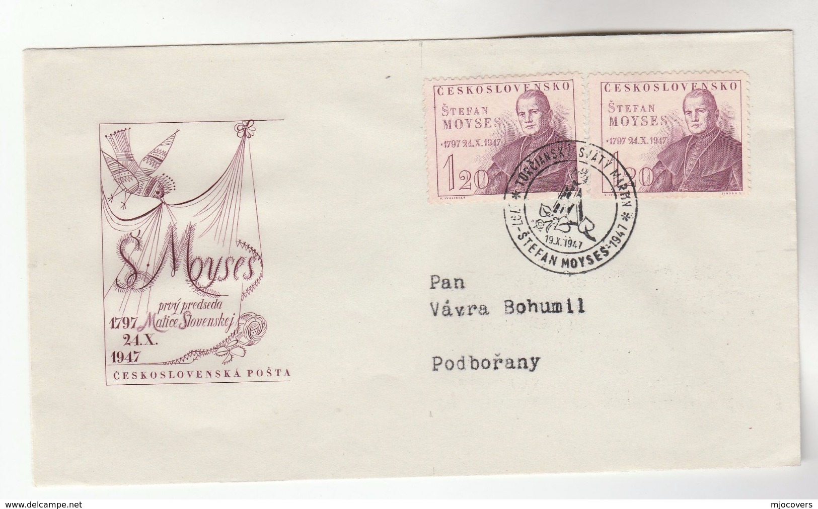 1947 CZECHOSLOVAKIA FDC  Franked 2x STEFAN MOYSES Stamps , Cover Religion - FDC