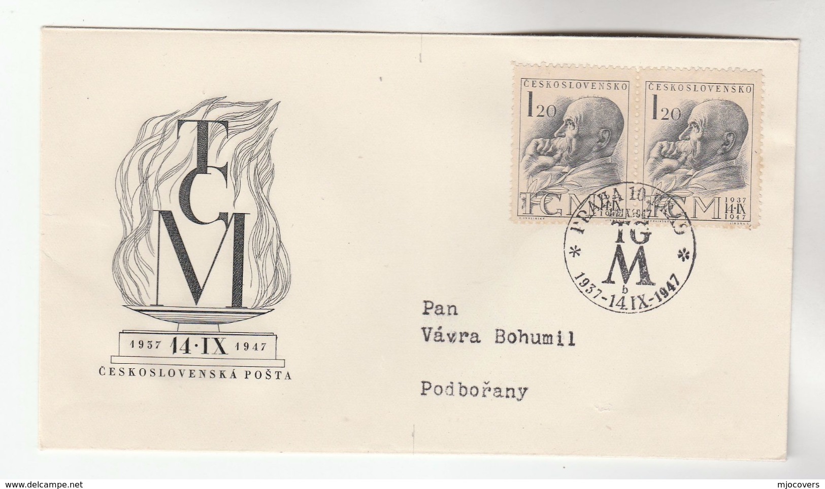 1947 CZECHOSLOVAKIA FDC  Franked 2x MASARYK  Stamps , Cover - FDC