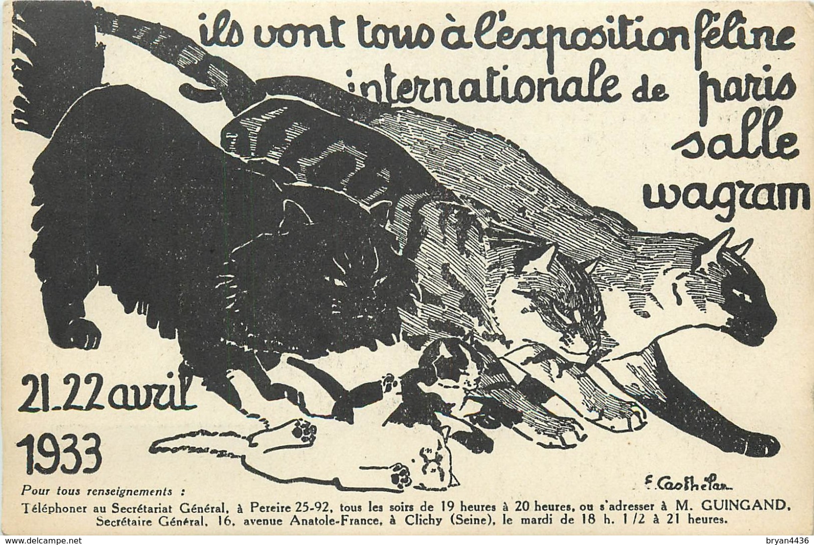 RARE - EXPOSITION FELINE INTERNARTIONAL DE PARIS - CHATS - CPA PUB - ILLUSTRATEUR; CASTHELAN - 1933 - TBE. - Chats