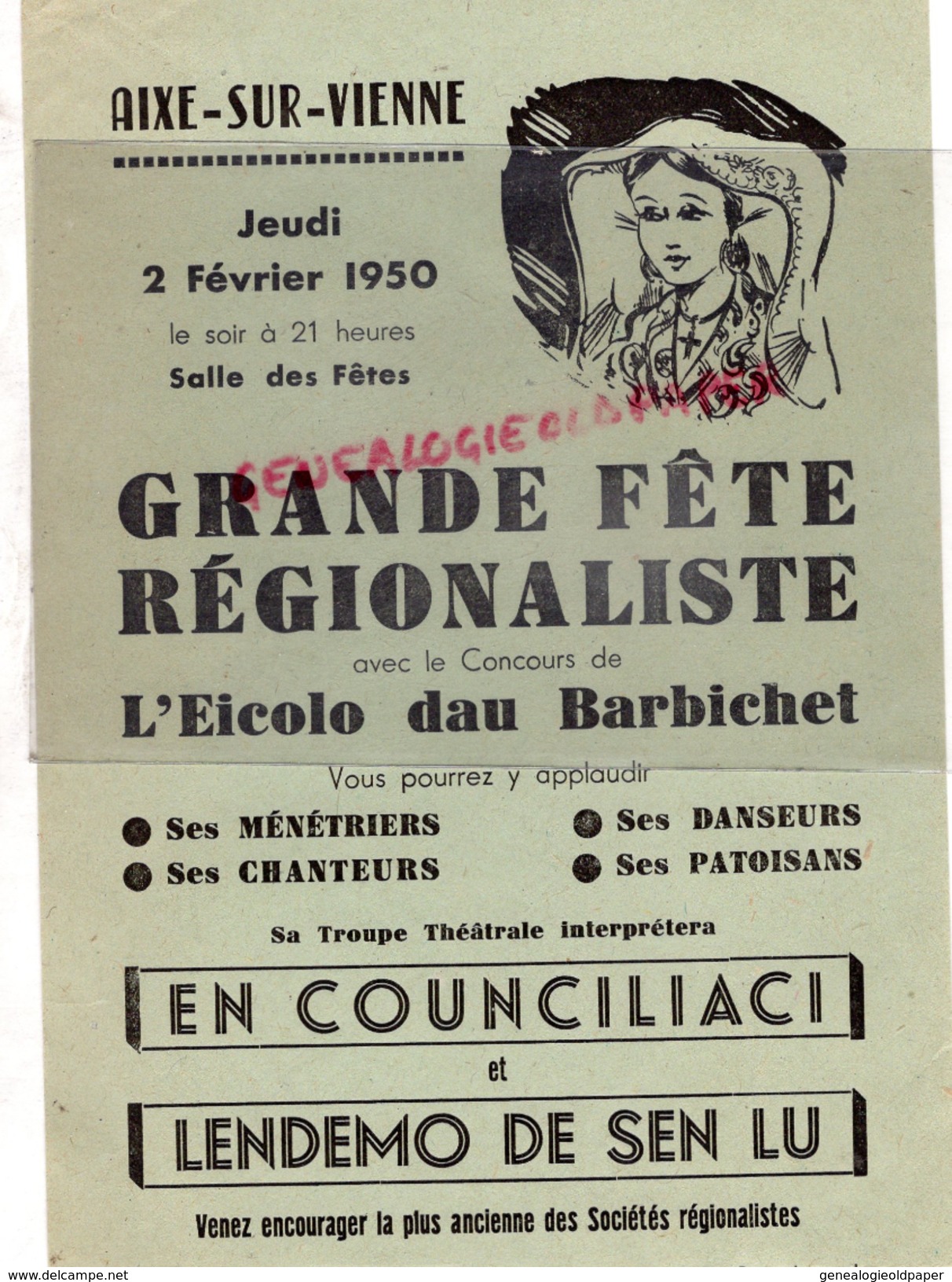 87 - AIXE SUR VIENNE- AFFICHE GRANDE FETE REGIONALISTE-EICOLO DAU BARBICHET-2 FEVRIER 1950- SALLE DES FETES - Affiches
