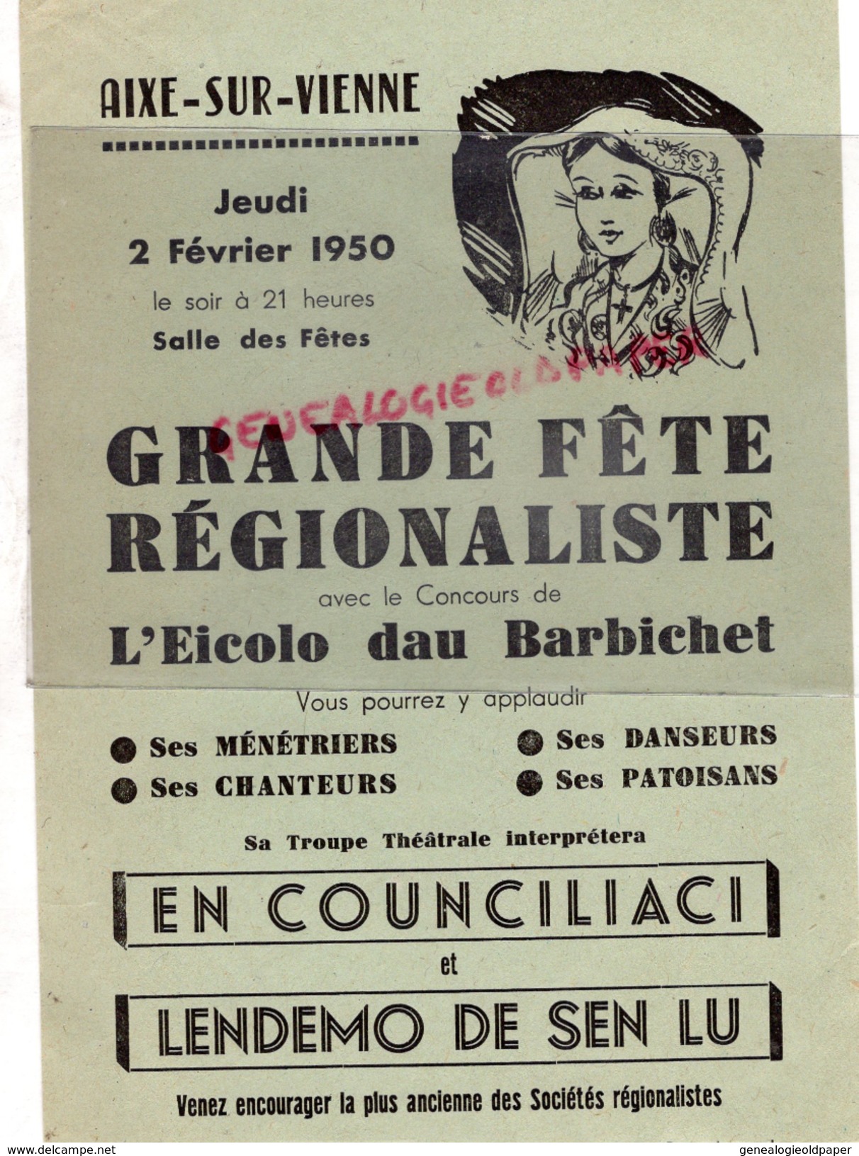 87 - AIXE SUR VIENNE- AFFICHE GRANDE FETE REGIONALISTE-EICOLO DAU BARBICHET-2 FEVRIER 1950- SALLE DES FETES - Manifesti