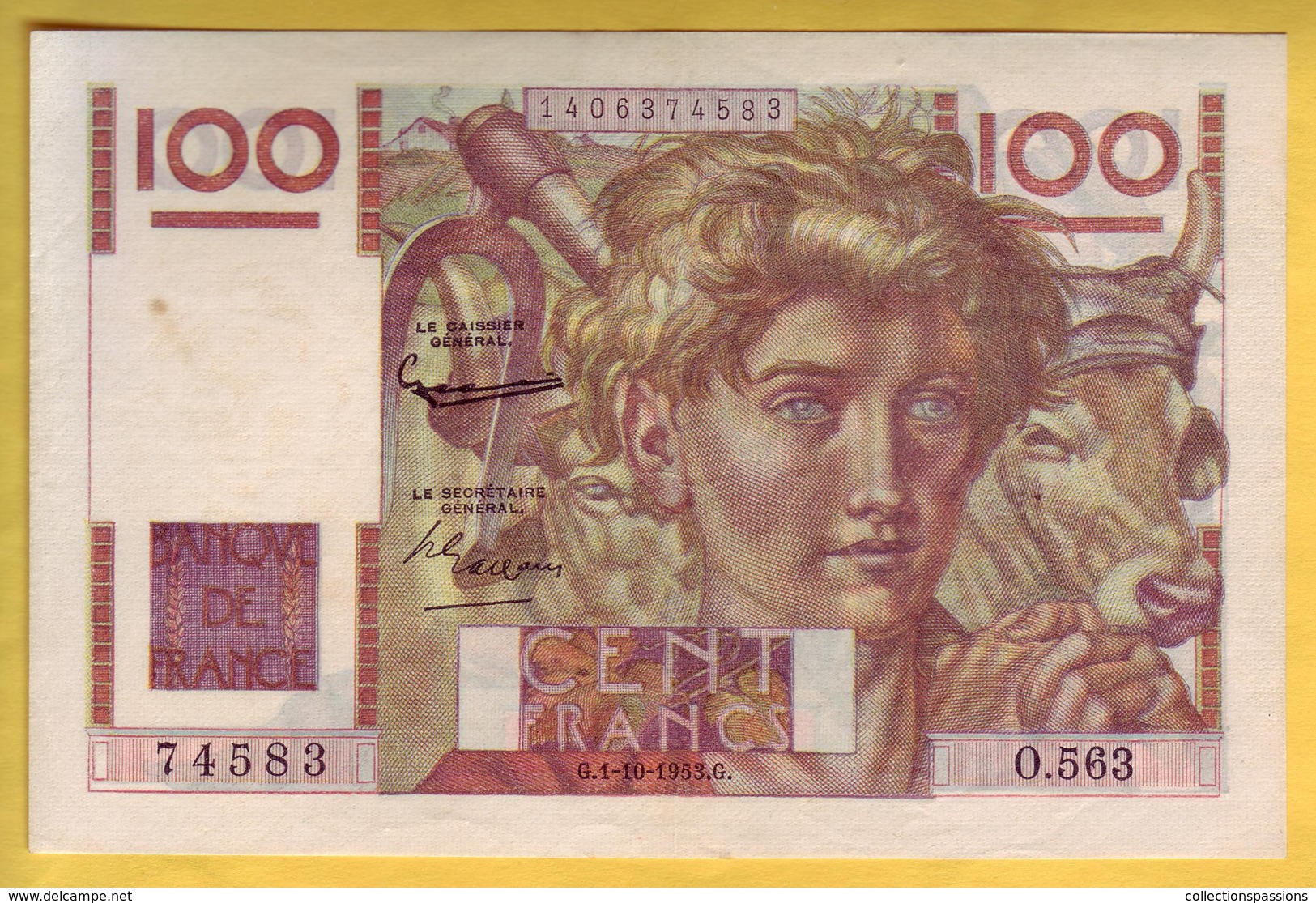 BILLET FRANCAIS - 100 Francs Jeune Paysan 1.10.1953 Filigrane Inversé SUP+ - 100 F 1945-1954 ''Jeune Paysan''