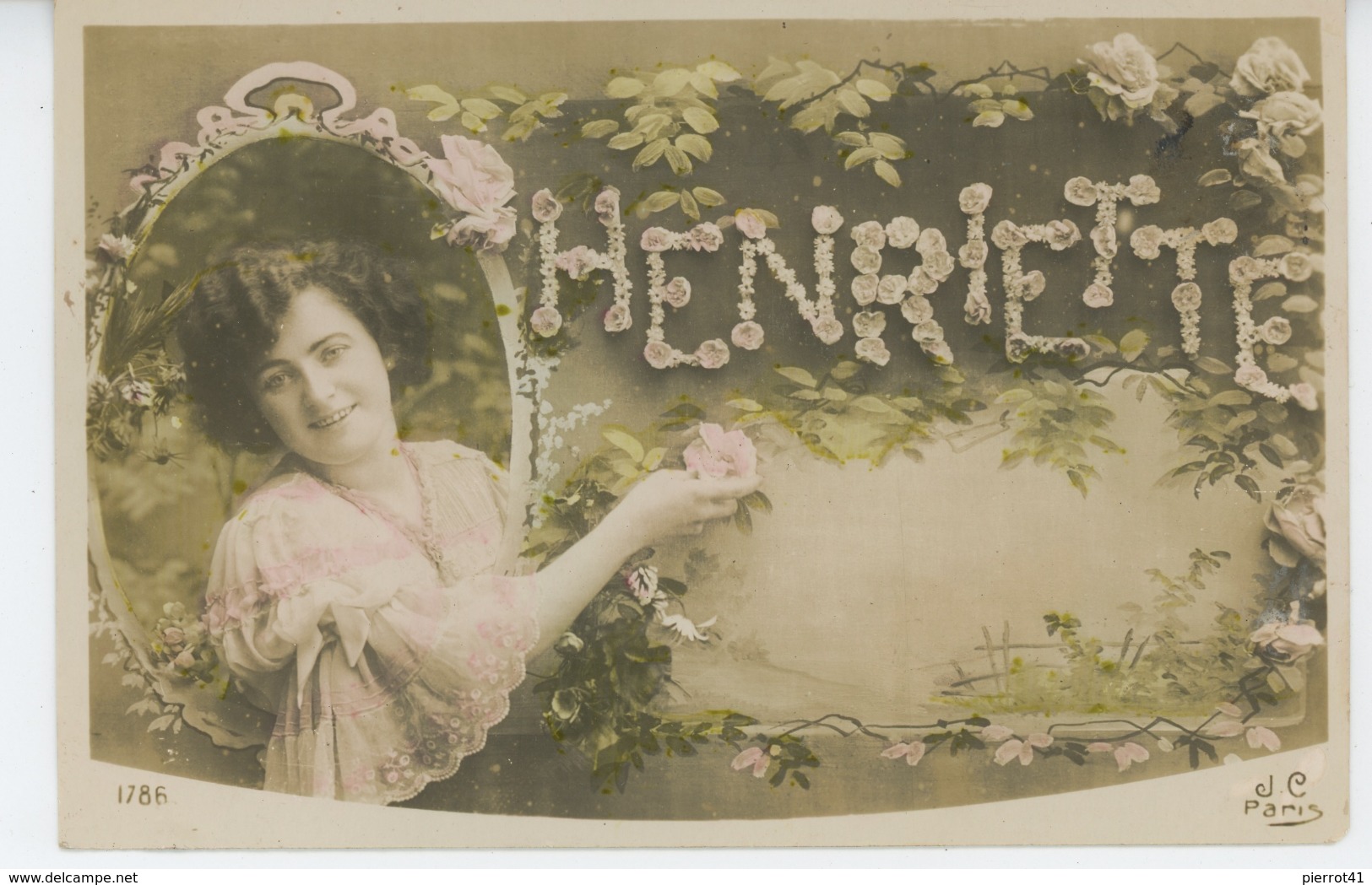 FEMMES - FRAU - LADY -  Jolie Carte Fantaisie Femme Et Fleurs Prénom HENRIETTE - Femmes