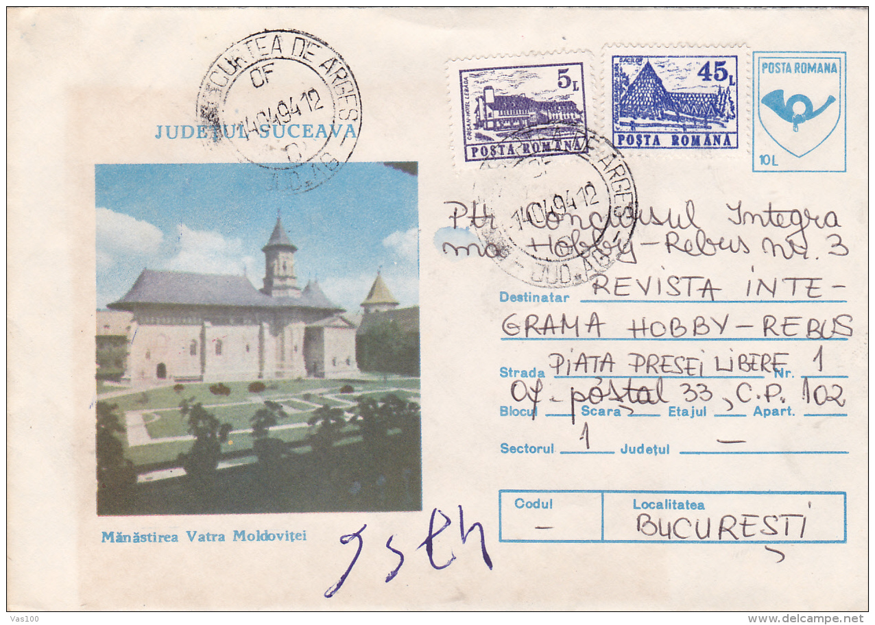 #BV6603  VATRA MOLDOVITEI MONASTERY,ARCHITECTURE,COVER STATIONERY WITH STAMPS,USED,1992,ROMANIA. - Abbayes & Monastères