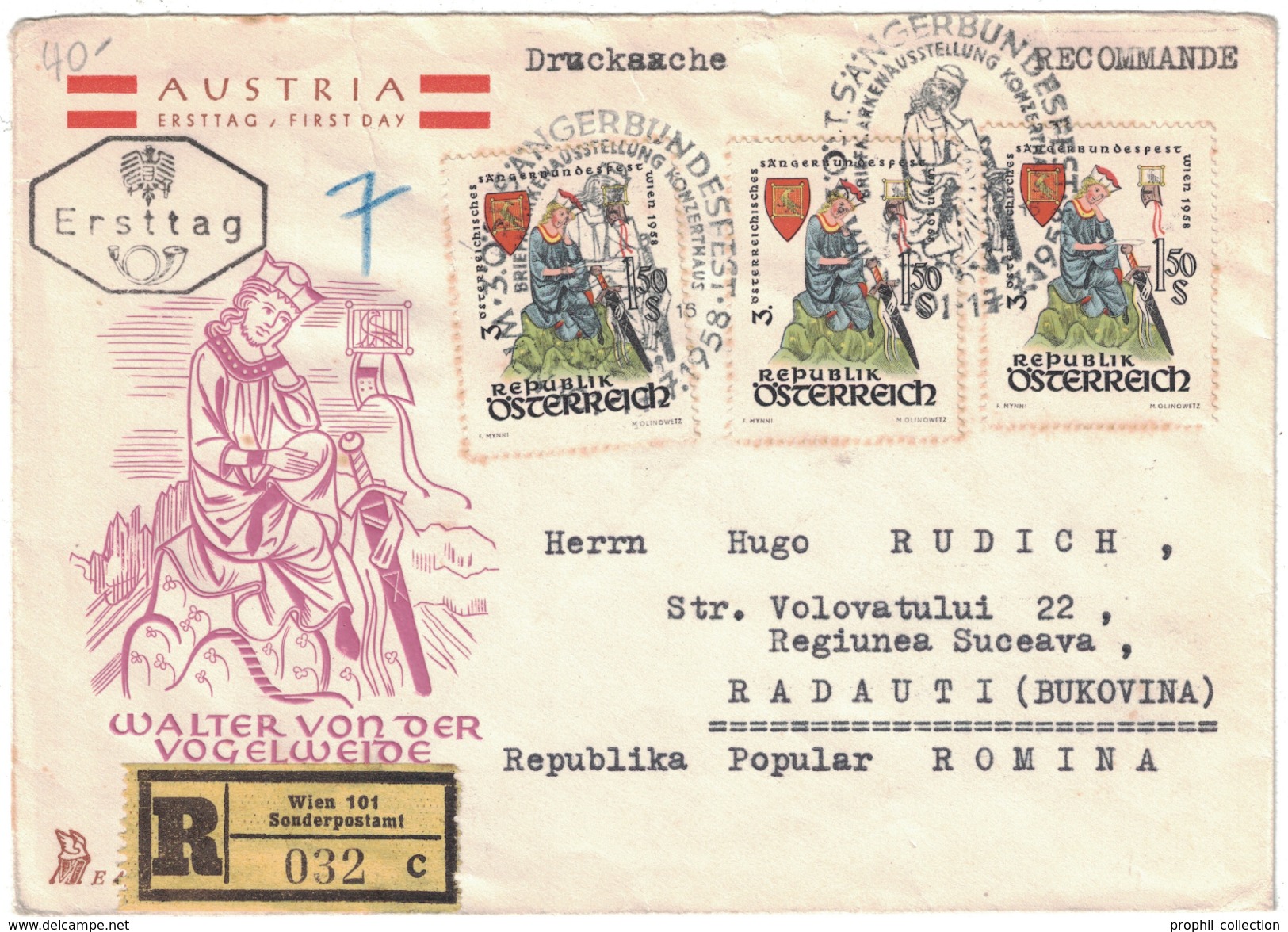 AUTRICHE / AUSTRIA - 1958 LETTRE RECOMMANDE DRUCKSACHE ERSTTAG WALTER VON DER VOGELWEIDE POUR ROMANIA RADAUTI BUKOVINA - Briefe U. Dokumente