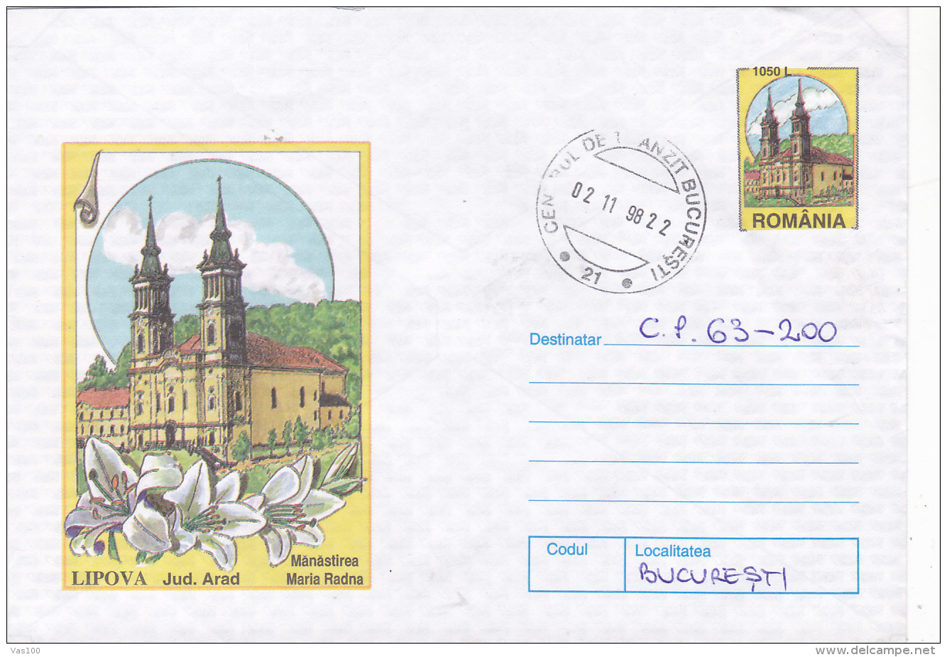 #BV6612 MARIA RADNA MONASTERY,ARAD,LIPOVA,ARCHITECTURE,COVER STATIONERY ,USED,1998,ROMANIA. - Abadías Y Monasterios