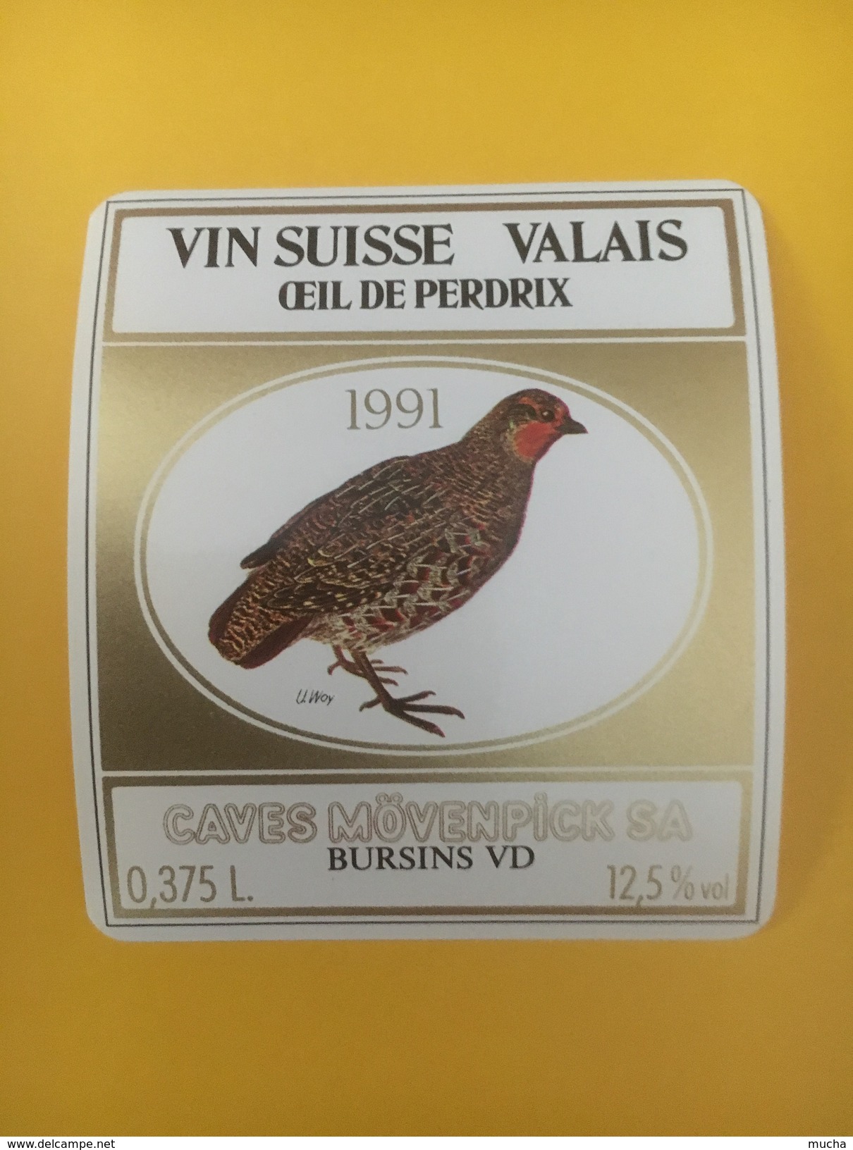 2843 - Suisse Valais Oeil De Perdrix 1991 Caves Mövenpick Petite étiquette 0.375L - Autres & Non Classés