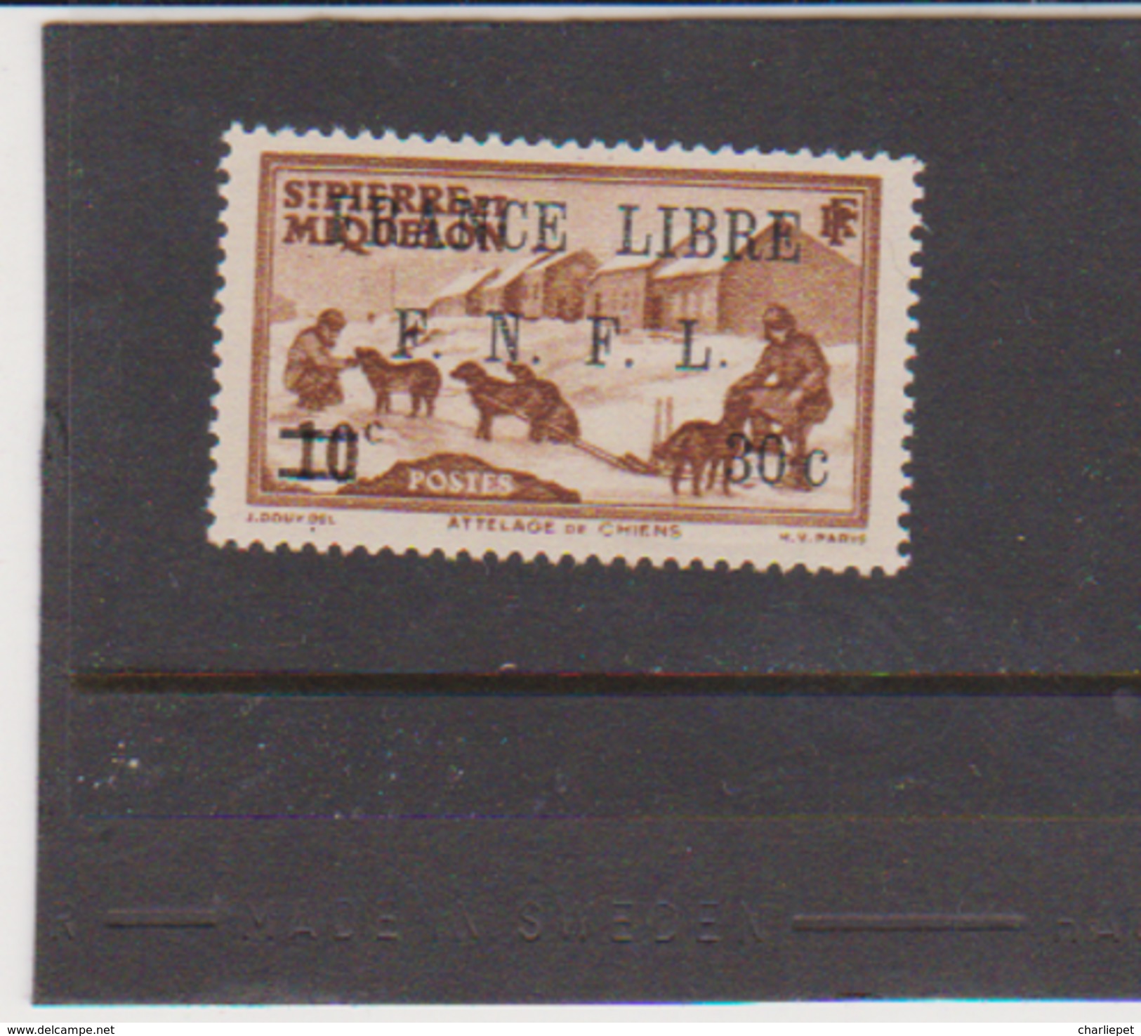 St Pierre & Miquelon Scott # 250 MH Dog Team Overprinted FRANCE LIBRE F. N. F. L. Catalogue $12.50 - Unused Stamps