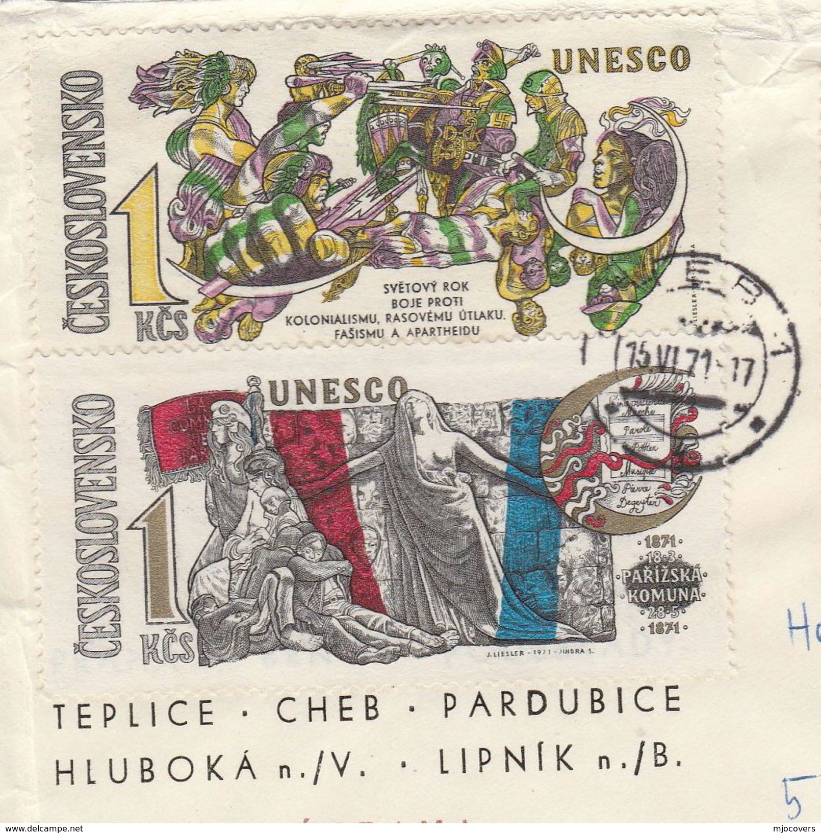 1971 CZECHOSLOVAKIA COVER Stamps UNESCO FEMALE NUDE, ART  Un United Nations - Covers & Documents