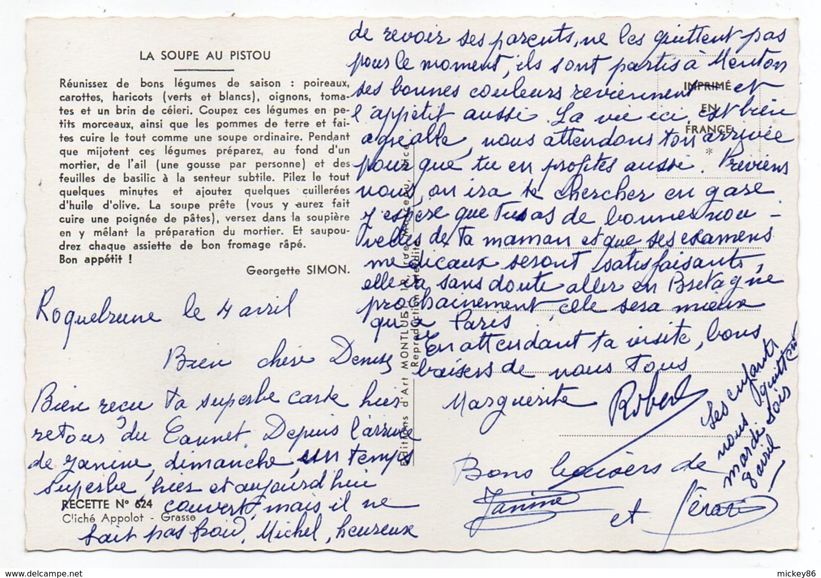 Recette Cuisine--La Soupe Au Pistou  Georgette Simon  Recette N°624  ,cpsm 15 X 10  éd Montluet - Recettes (cuisine)