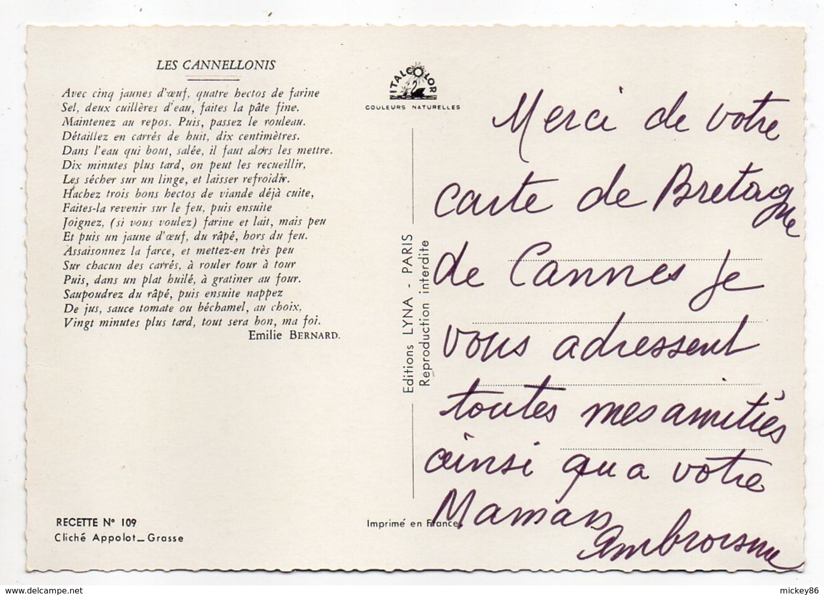 Recette Cuisine--Les Cannellonis (vin Côtes De Provence)  Emilie Bernard  Recette N°109  ,cpsm 15 X 10  éd  Lyna - Recettes (cuisine)