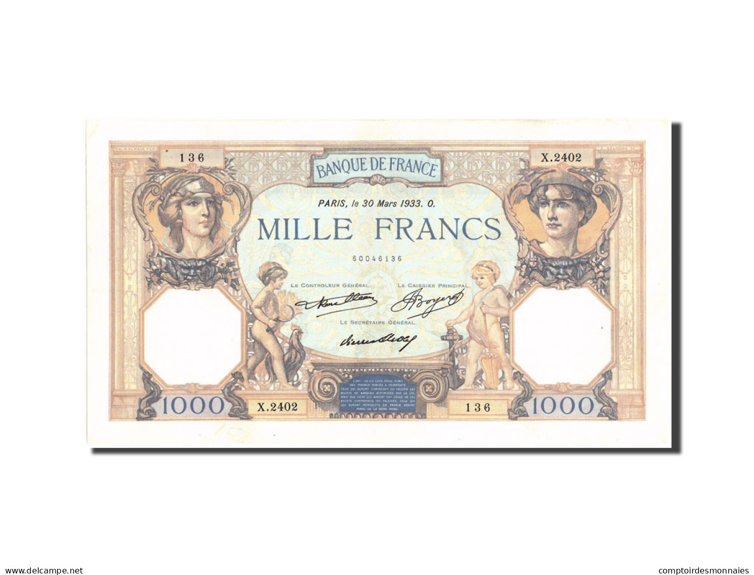 Billet, France, 1000 Francs, 1 000 F 1927-1940 ''Cérès Et Mercure'', 1933 - 1 000 F 1927-1940 ''Cérès Et Mercure''