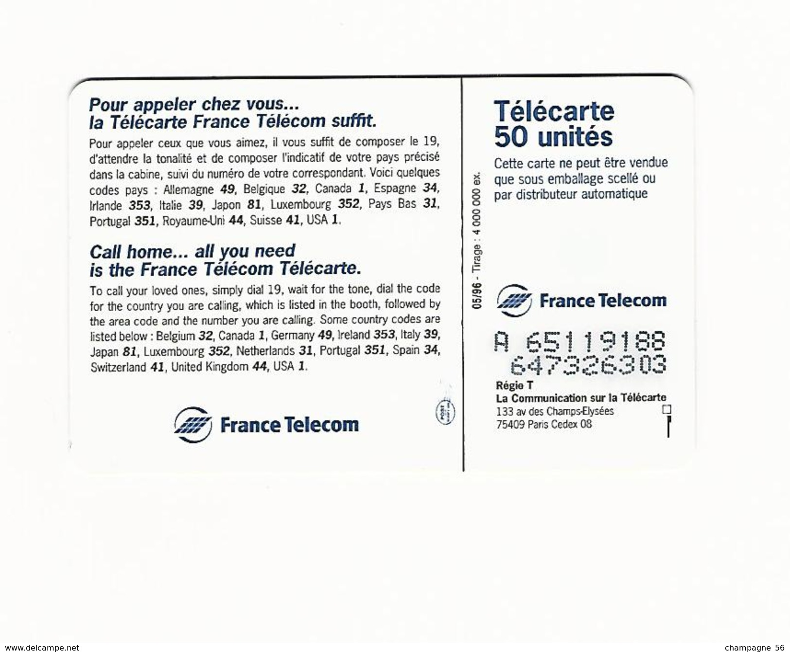 1996 F656 TÉLÉCARTE CALL HOME 96  50 U SO3 JD   05 / 96  UTILISÉE - Variëteiten