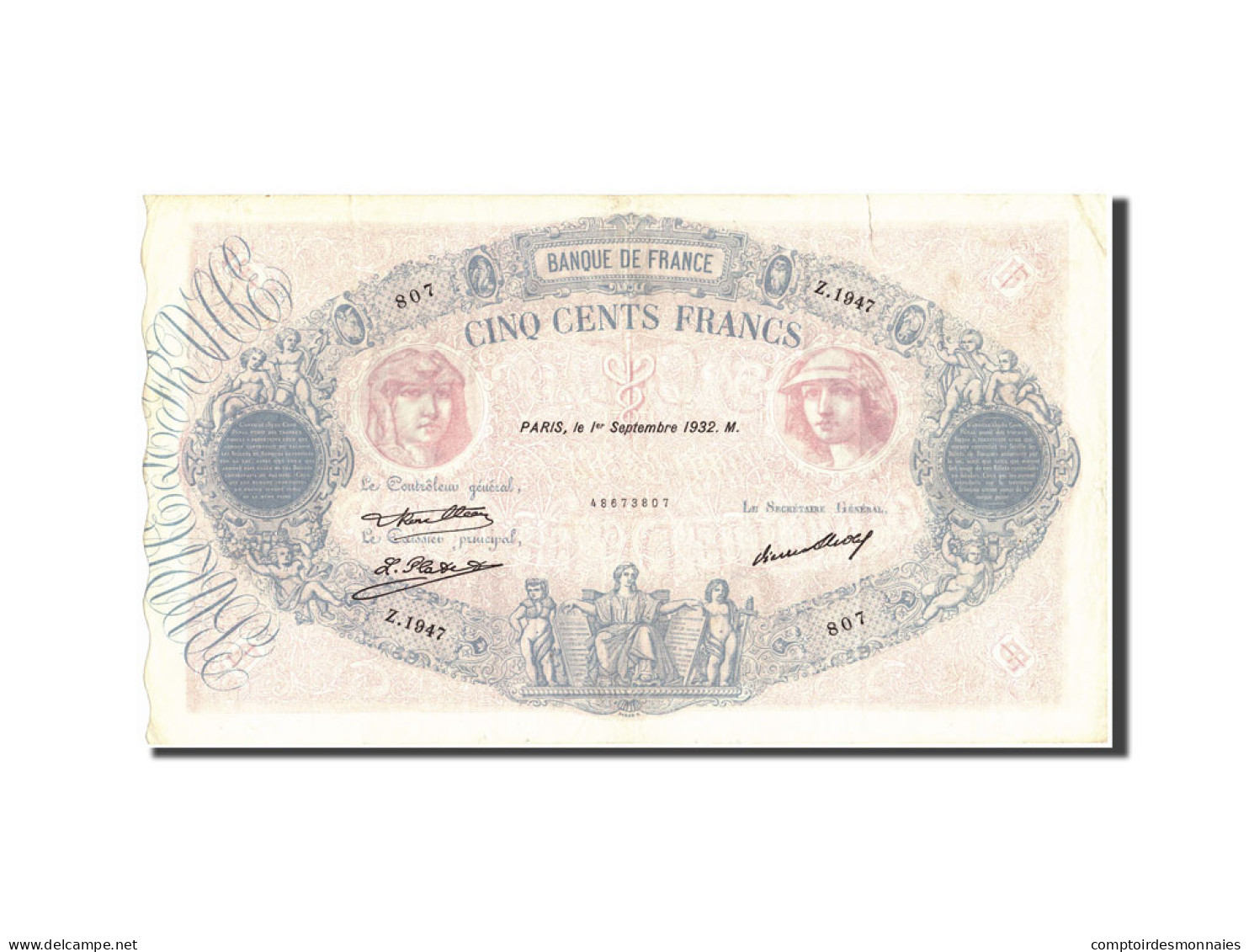 Billet, France, 500 Francs, 500 F 1888-1940 ''Bleu Et Rose'', 1932, 1932-09-01 - 500 F 1888-1940 ''Bleu Et Rose''