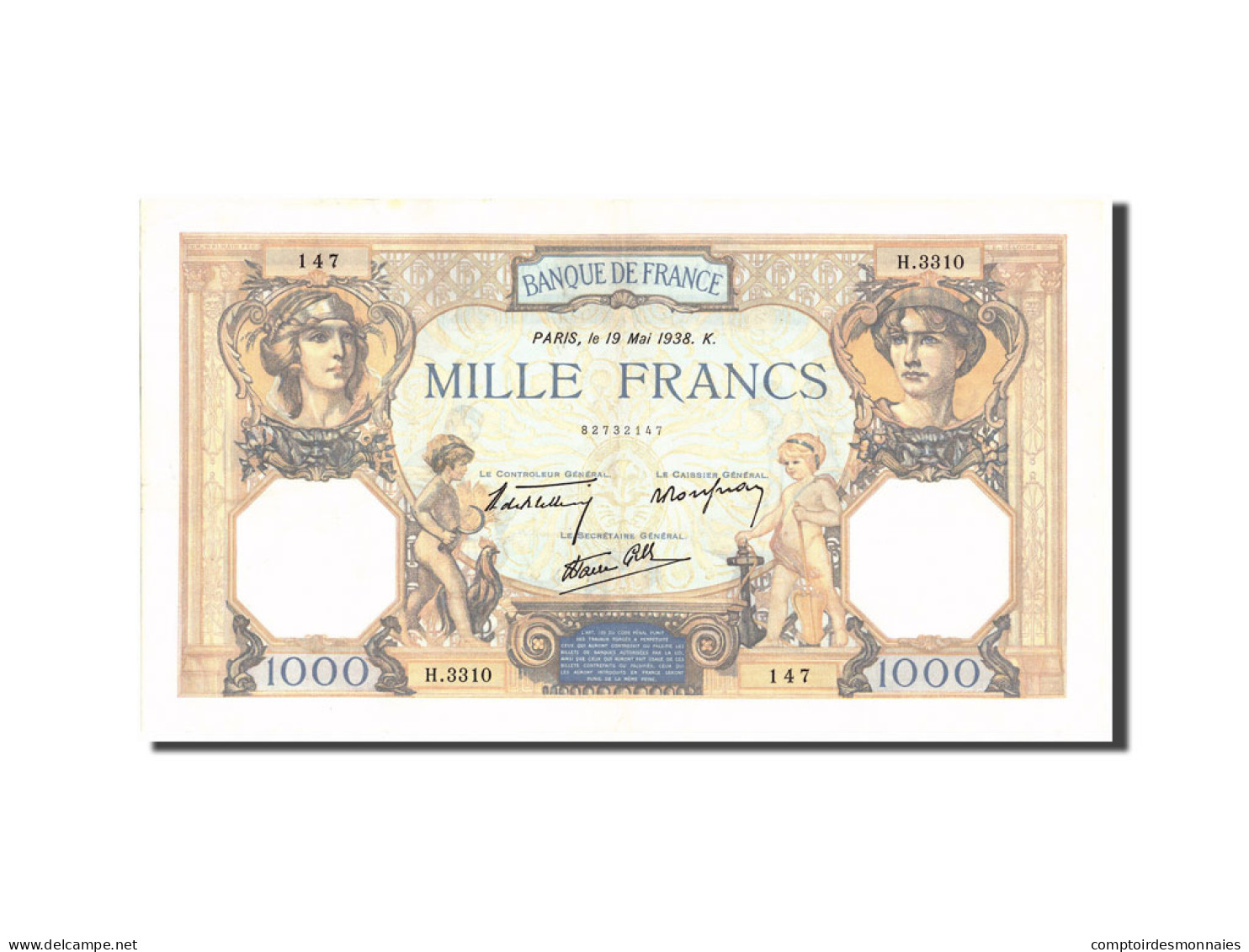 Billet, France, 1000 Francs, 1 000 F 1927-1940 ''Cérès Et Mercure'', 1938 - 1 000 F 1927-1940 ''Cérès Et Mercure''