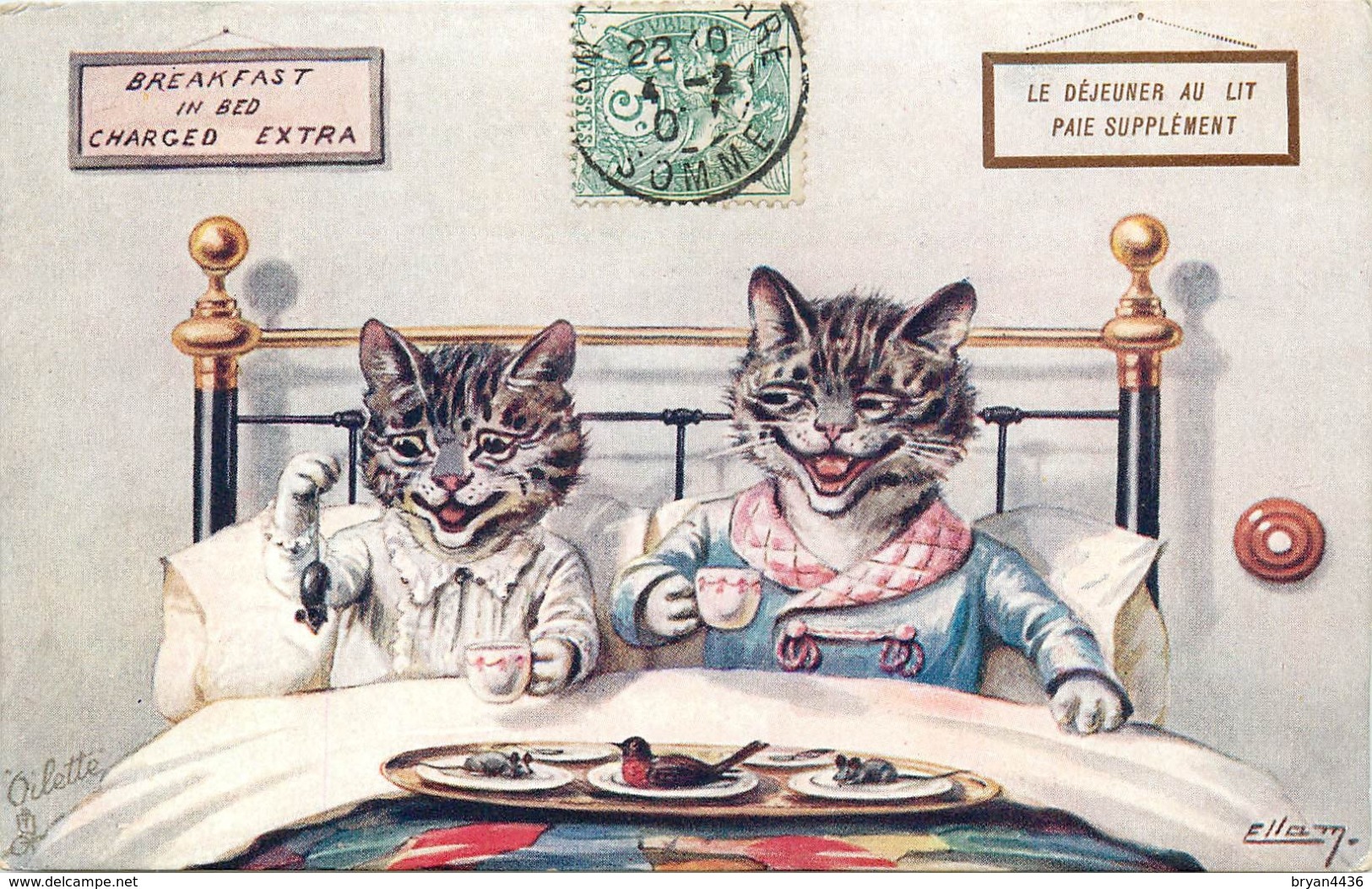 OILETTE - ILLUSTRATEUR - ELLAM - CHATS HABILLES HUMANISES -  BELLE CPA - "DEJEUNER AU LIT" - N° 9321. - Katten