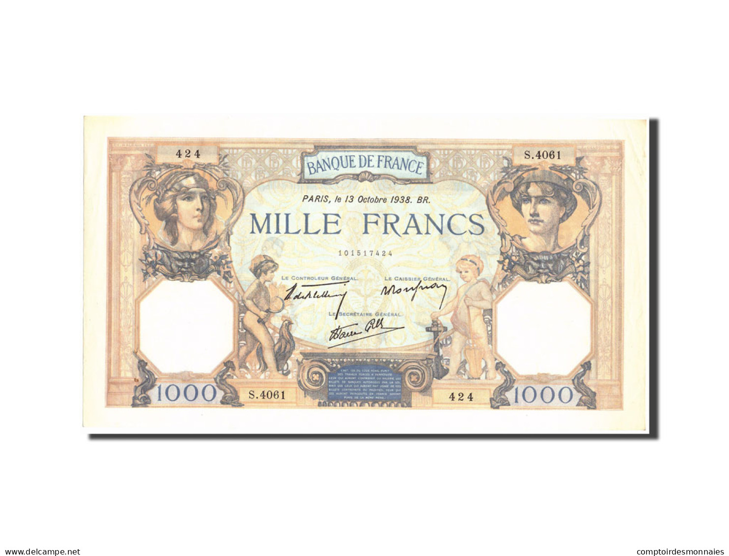 Billet, France, 1000 Francs, 1 000 F 1927-1940 ''Cérès Et Mercure'', 1938 - 1 000 F 1927-1940 ''Cérès Et Mercure''