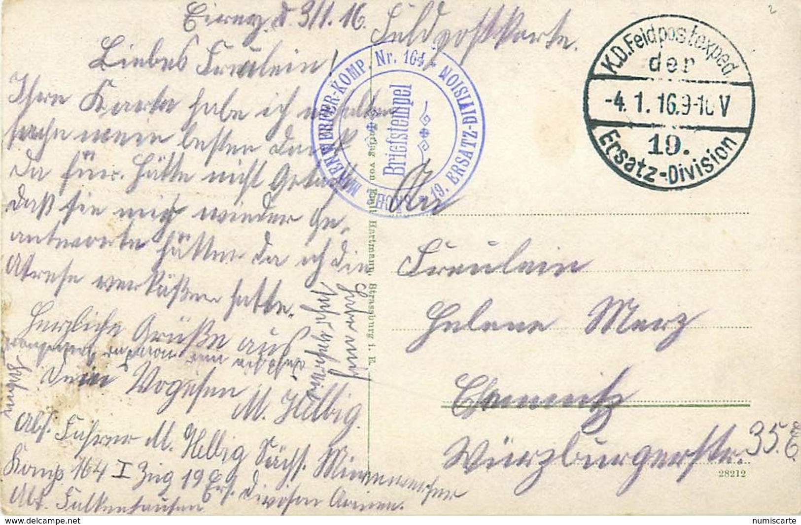 Cachet SÄCHS MINENWERFER KOMP Nr 164 N19 ERSATZ DIVISION 1916 KD Feldpostexped Sur Cpa CELLES Château Pierre Percée - Lettres & Documents