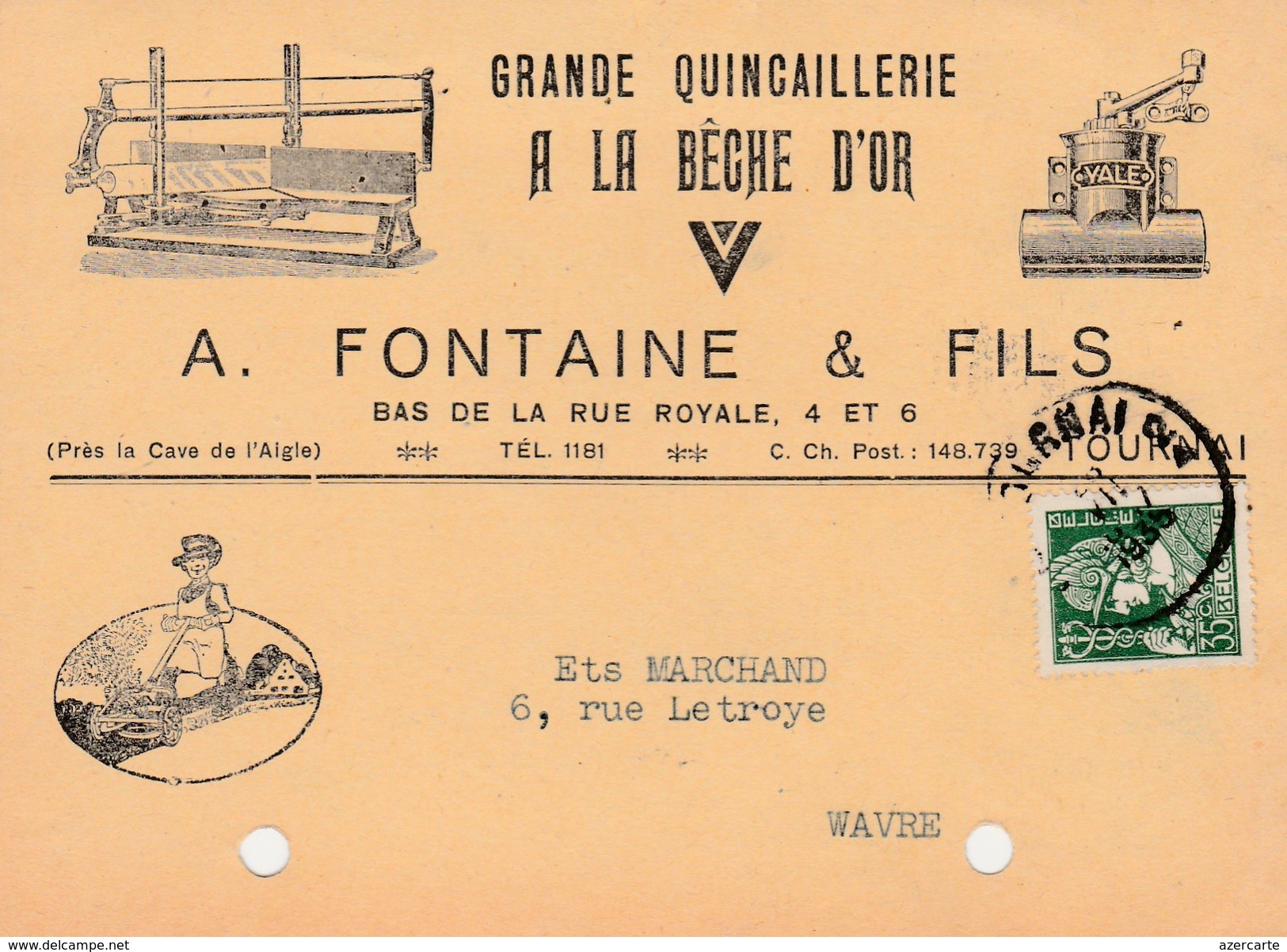 Tournai ,carte  Publicité ,A.Fontaine Et Fils ,grande Quincaillerie A La Bêche D'Or - Doornik