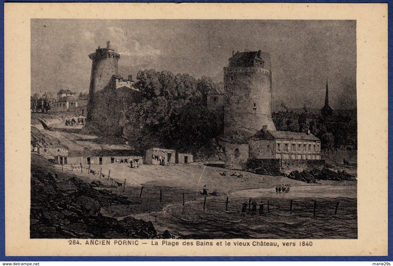 44 PORNIC Ancien, La Plage Des Bains Et Le Vieux Château Vers 1840 - Pornic