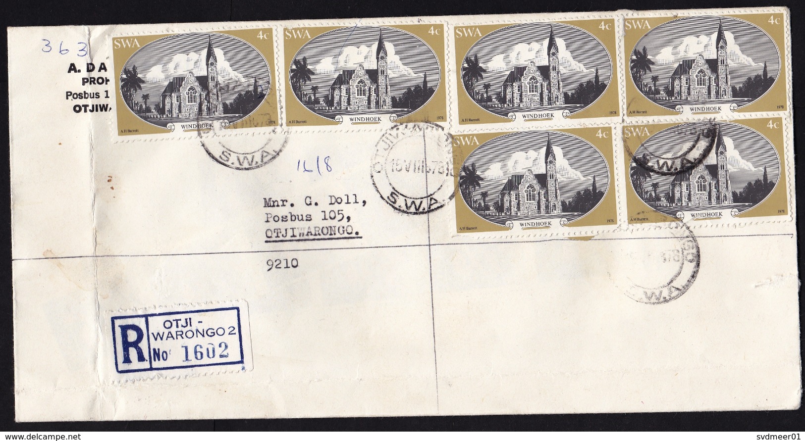 South West Africa SWA: Registered Cover Otjiwarongo, 1978, 6 Stamps, Church, R-label (damaged, See Scan) - South West Africa (1923-1990)