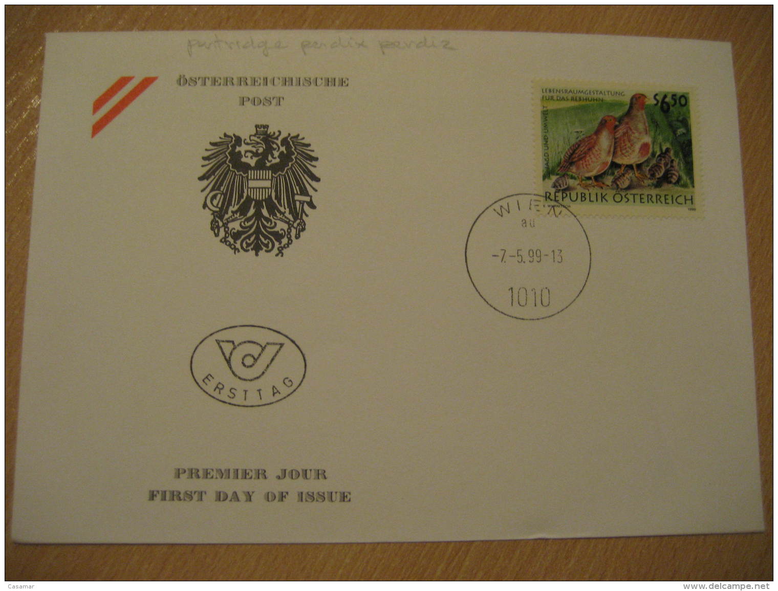 GREY PARTRIDGE PERDIX PERDIZ Wien 1999 FDC Cancel Cover Austria - Rebhühner & Wachteln