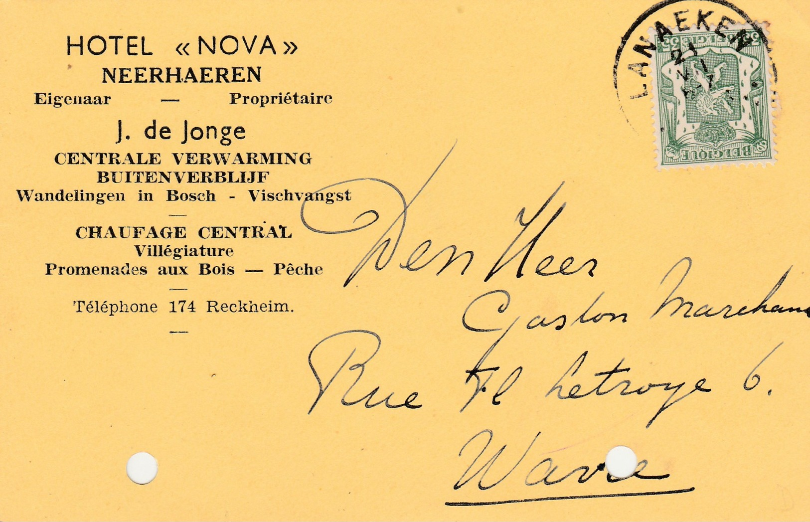 Neerhaeren,Neerharen ,carte Publicité ,Hotel "Nova" ,J.de Jonge ,pêche,vischvangst - Lanaken