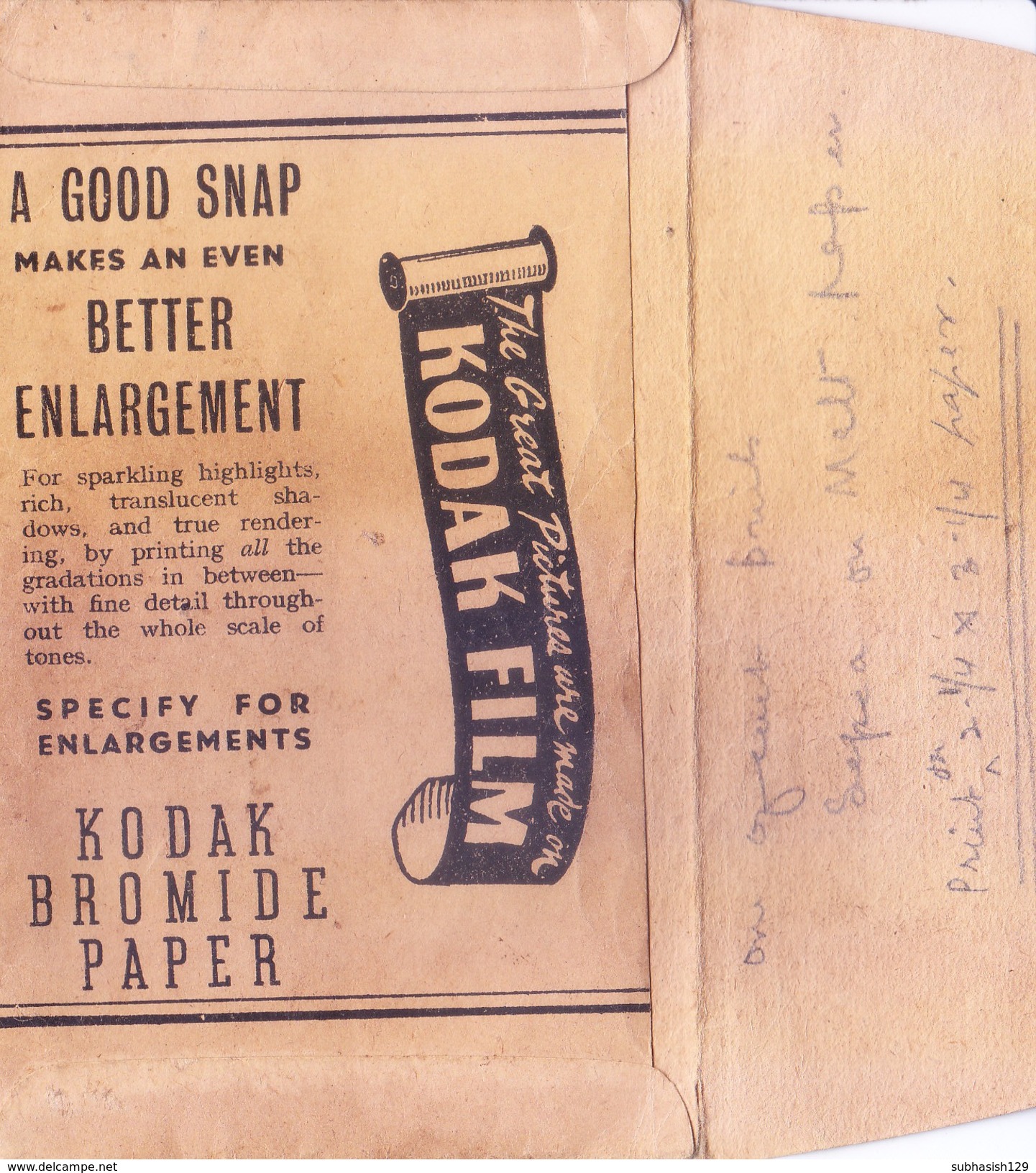 BRITISH INDIA - ENVELOPE OF PHOTO STUDIO - ADVERTISEMENT OF KODAK FILM - PHOTOGRAPHY THEME - Other & Unclassified