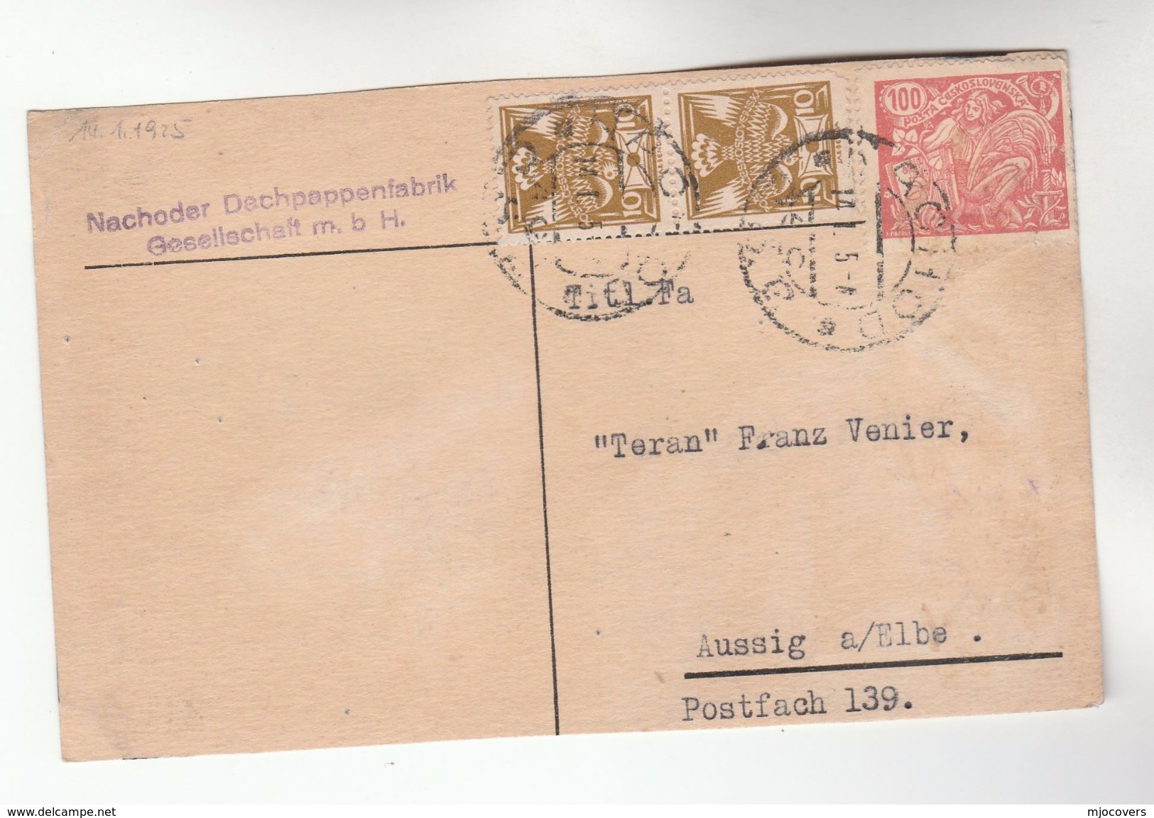 1925 CZECHOSLOVAKIA Stamps COVER (card) Nachoder Dachpappenfabrik Gesellschaft - Covers & Documents