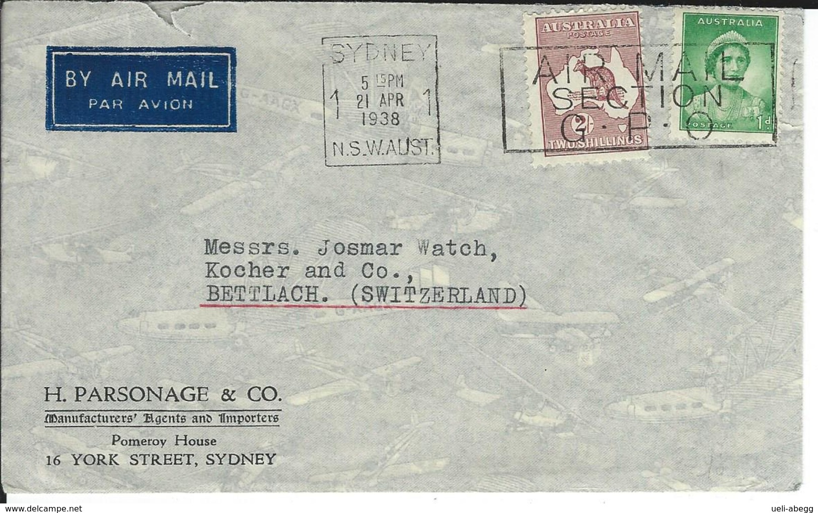 Sydney 21.4.38 Nach Bettlach CH - Covers & Documents