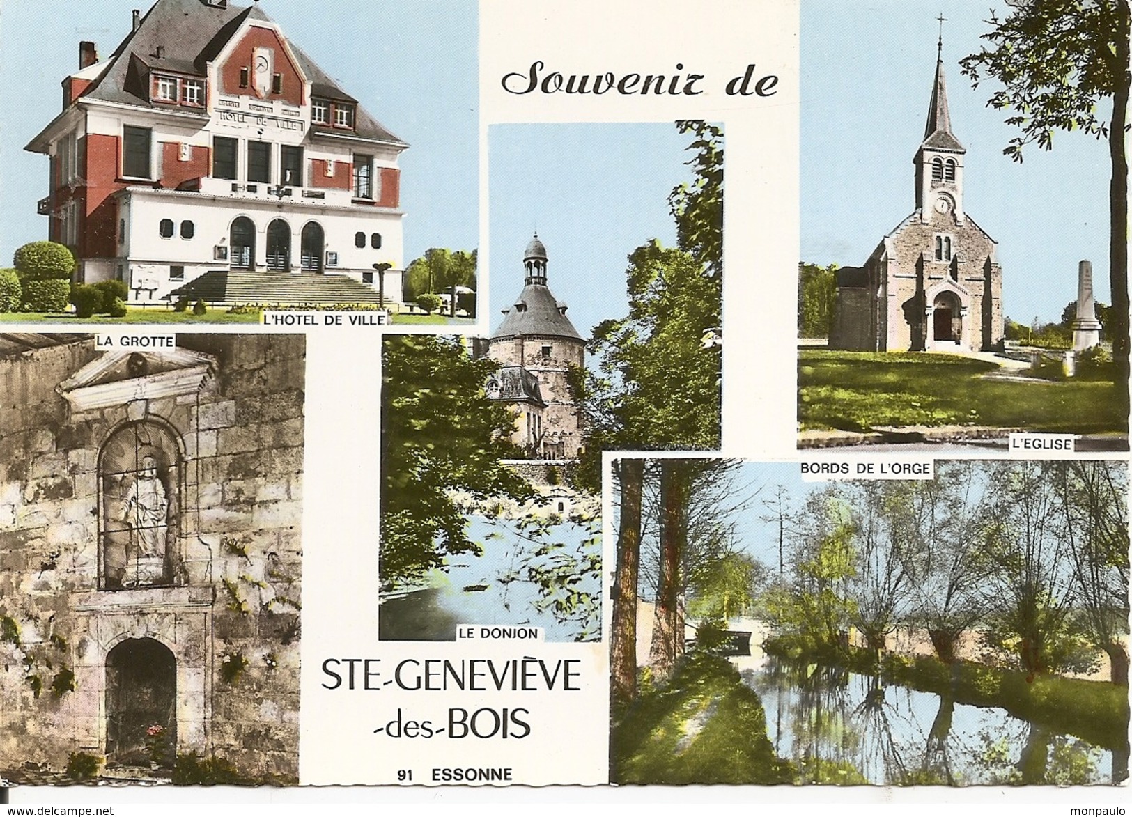 91. CPM. Essonne. Sainte-Geneviève Des Bois. L'Hôtel De Ville, L'église, Le Donjon, La Grotte, Bords De L'Orge (5 Vues) - Sainte Genevieve Des Bois