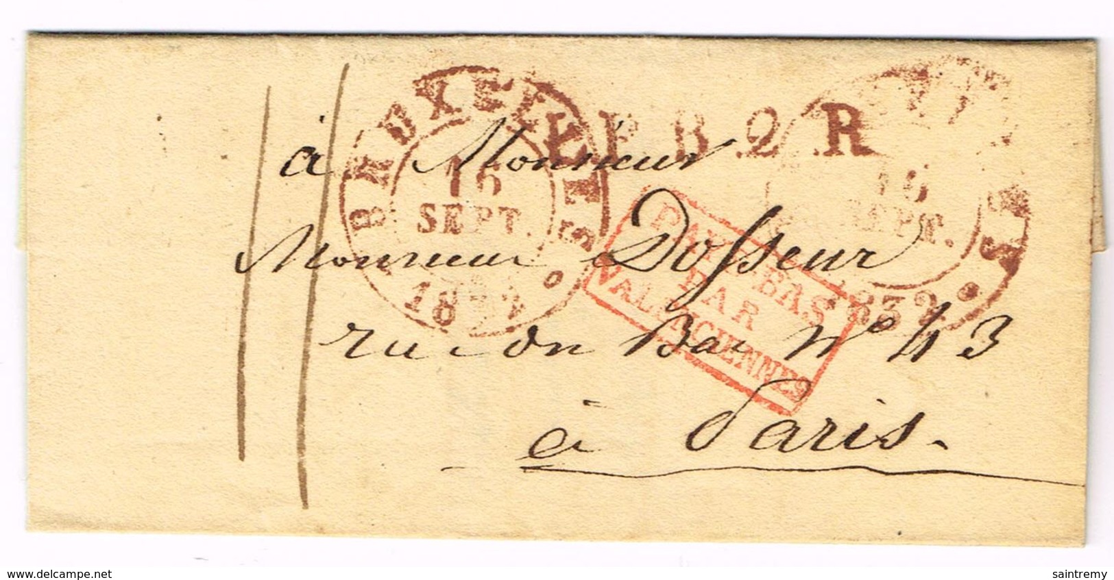 Précurseur De Brussel (rouge) Vers Paris LPB2R 1832 Pays-Bas Par Valenciennes (J8) - 1830-1849 (Belgique Indépendante)