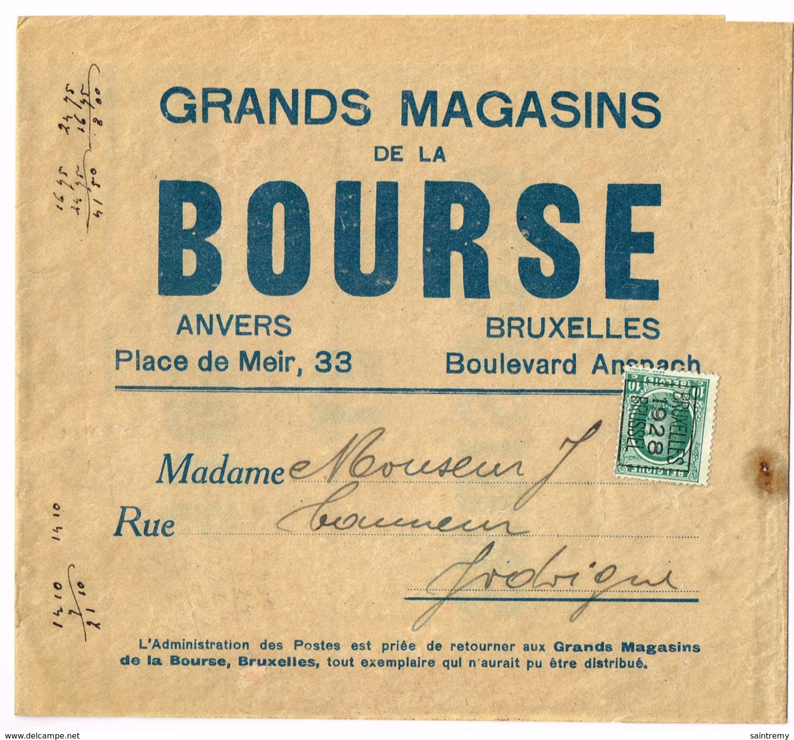 Préo Typo De Bruxelles En 1928 Grand Magasin De La Bourse (J42) - Typos 1922-31 (Houyoux)