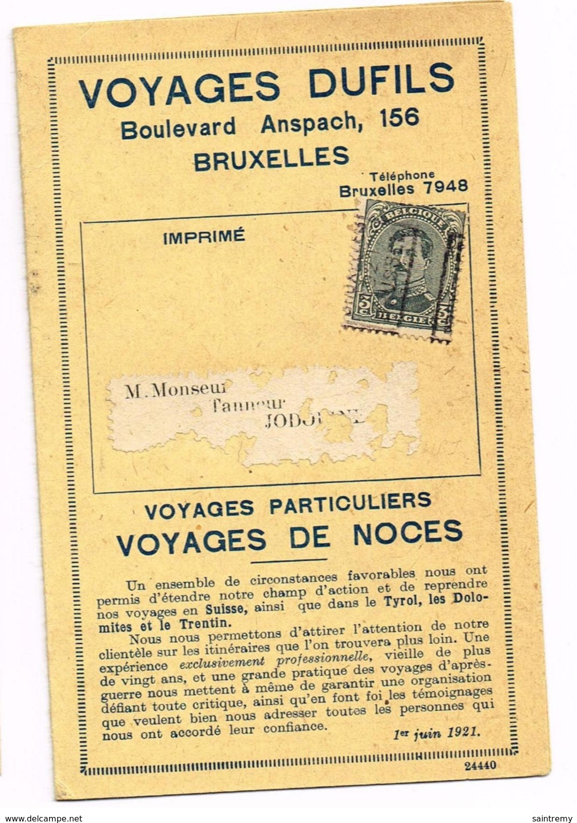 Préoblitéré Roulettes De Bruxelles En 1921 Pub Pour Les Voyages Dufils (J51) - Roller Precancels 1920-29