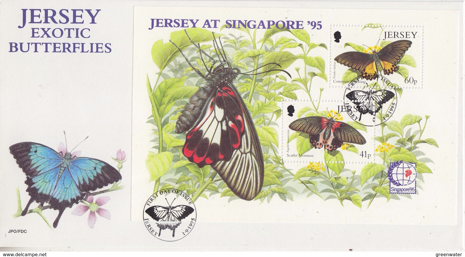 Jersey 1995 Exotic Butterflies / Singapore '95 M/s FDC (F5993) - Jersey