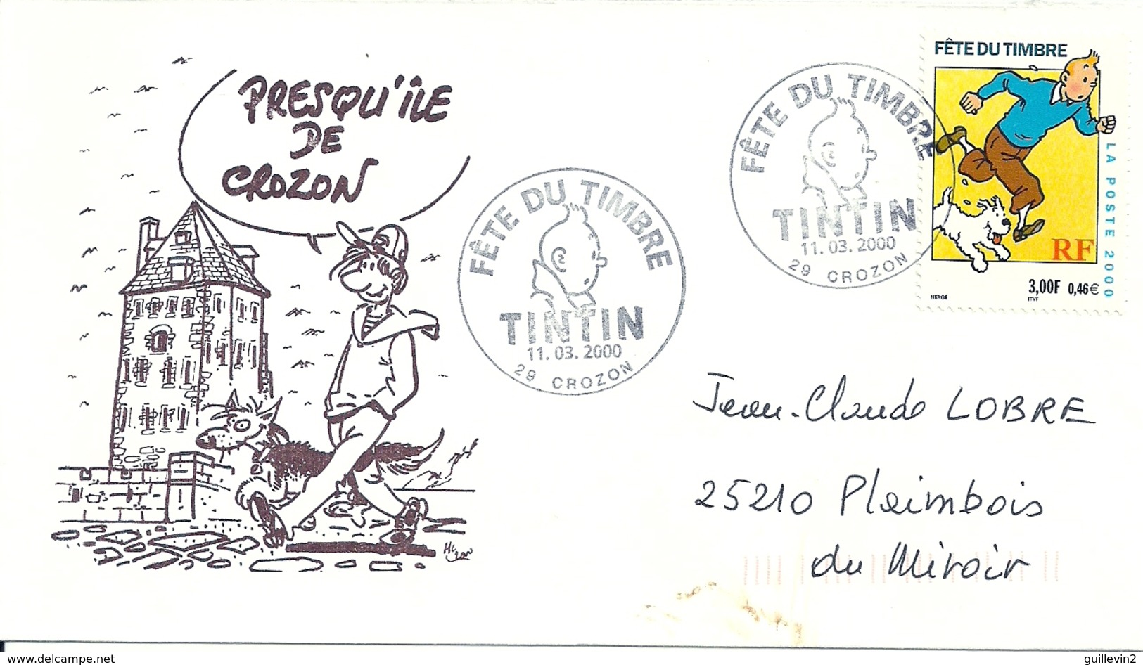 France Enveloppe Philatélique (cachet Crozon) Fete Du Timbre 2000 Tintin - 2000-2009