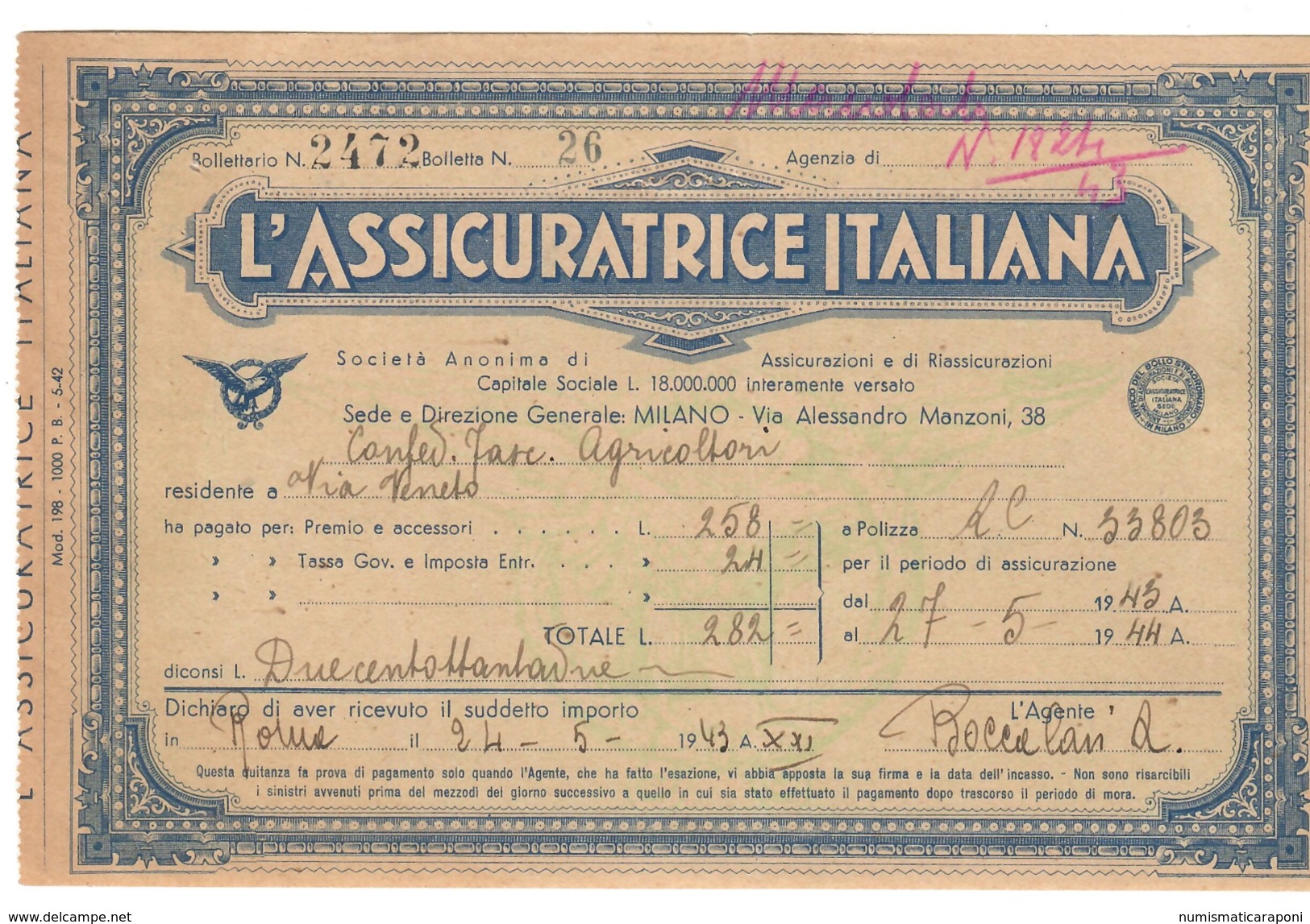 L'assicuratrice Italiana Bolletta Di Riscossione 1943 Roma  Doc.239 - A - C