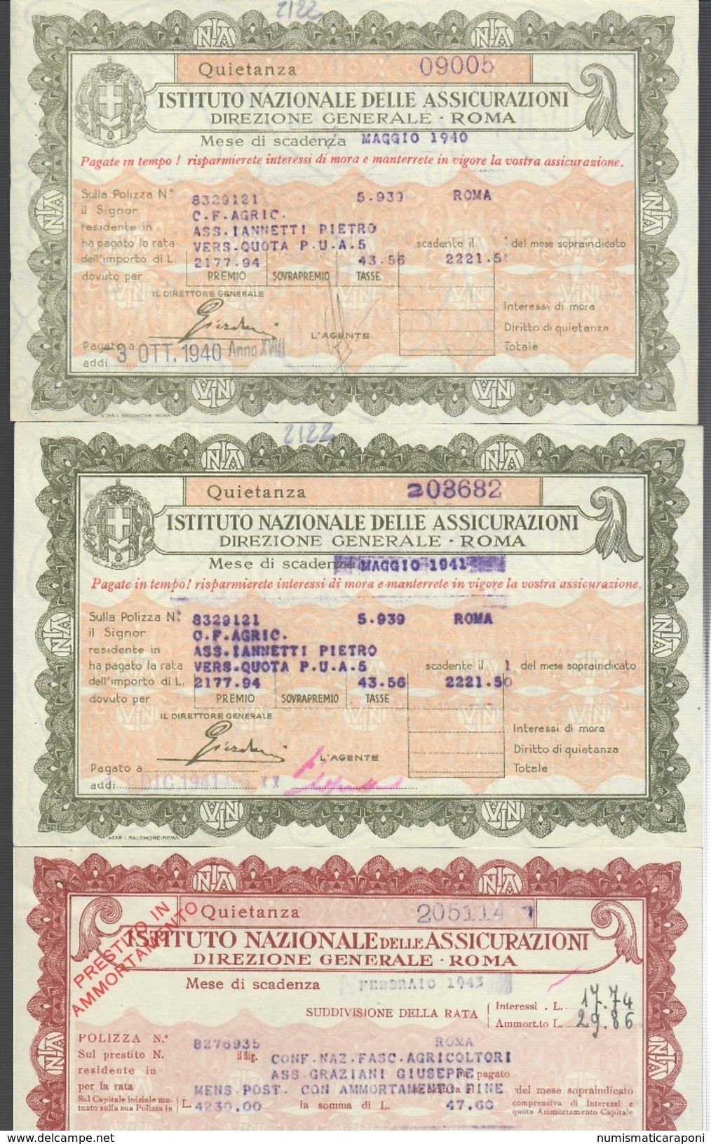 Istituto Nazionale Delle Assicurazioni Lotto Di 3 Quietanze 1940-1941-1943  Doc.241 - A - C