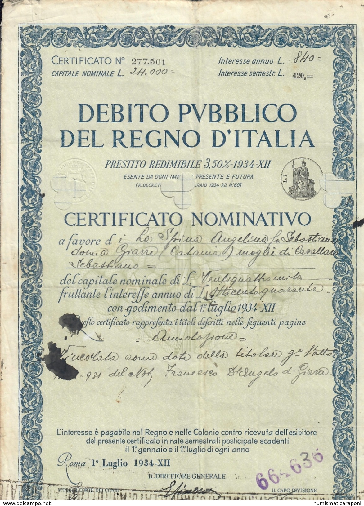 Debito Pubblico Del Regno D'italia Certificato Nominativo 1934  Doc.242 - D - F