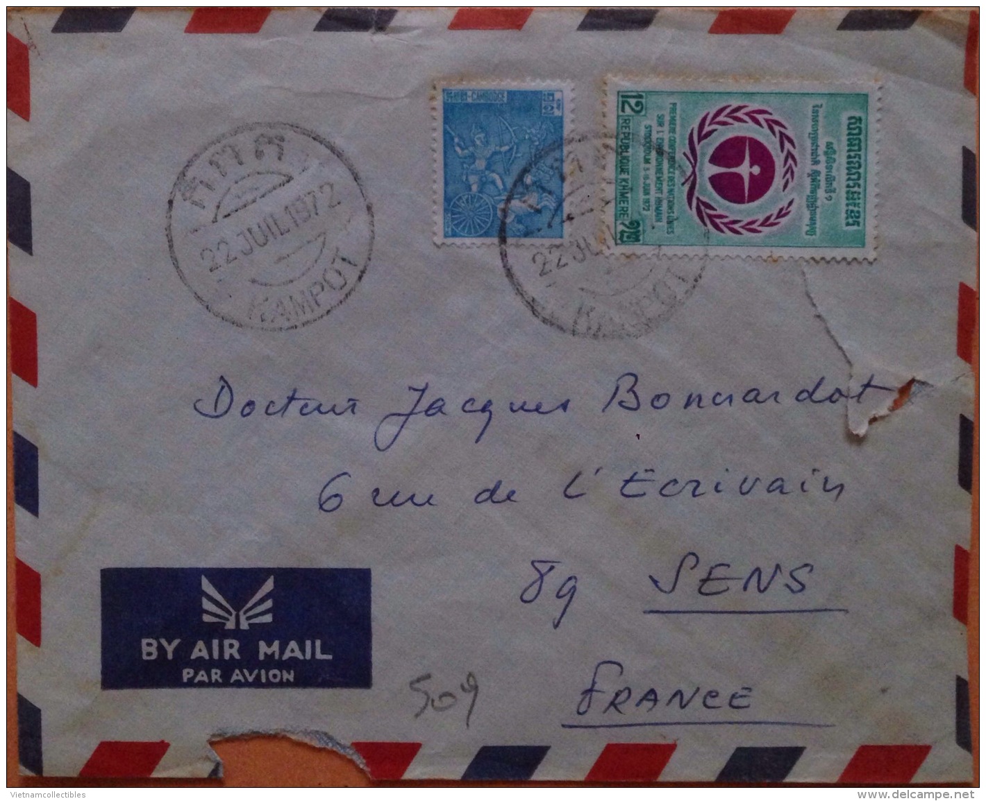 Indochine Indochina Cambodia Cambodge Kampuchea Cover 1972 With Censure Handstamp / 02 Images - Cambodia