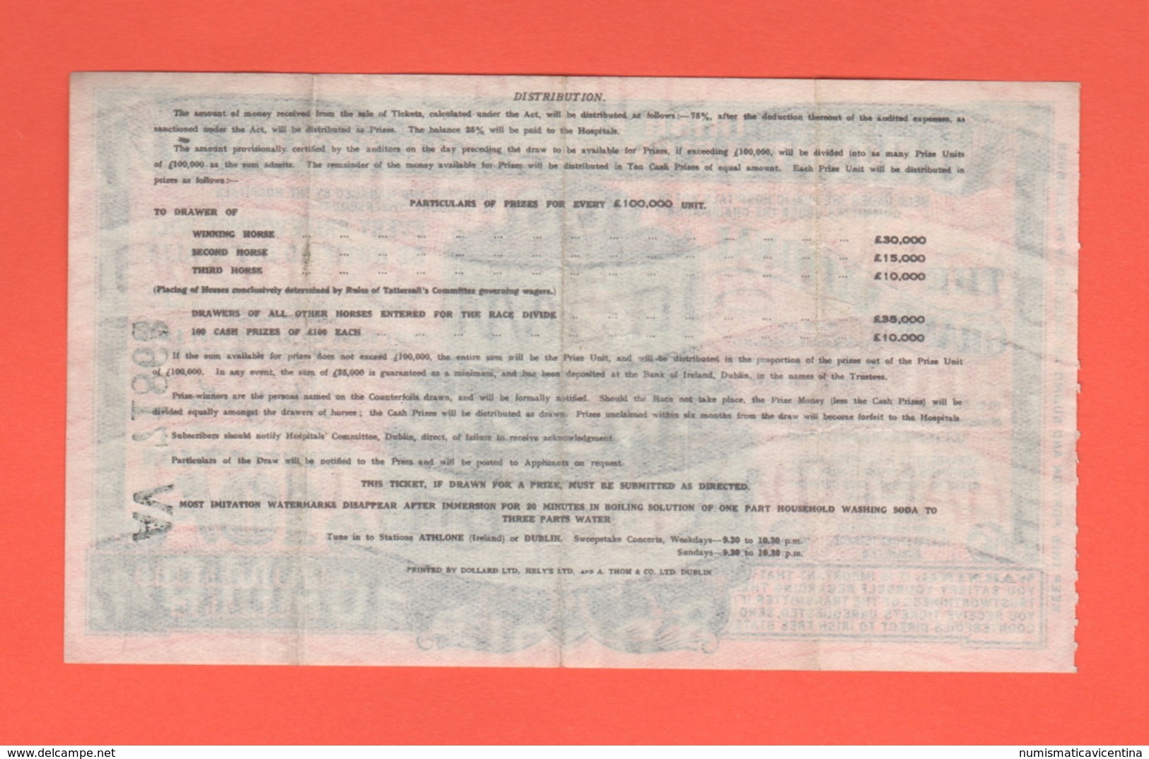 Irlana Nord Dublino Biglietto  Lotteria Ospedale 1937 Lottery - Biglietti Della Lotteria