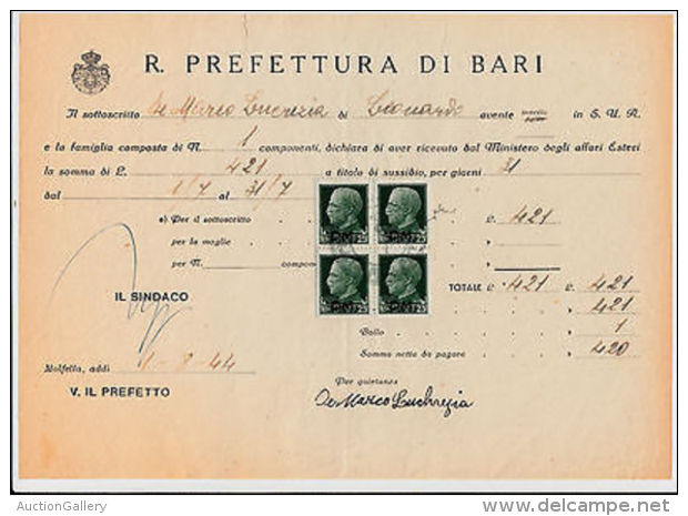 USO FISCALE-Quartina 25c PM(5 Posta Militare)-Ricevuta Di Bari 1.8.1944 - Altri & Non Classificati