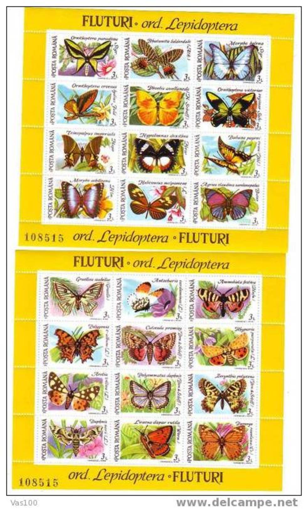 ROMANIA 1991 PAPILLONS/BUTTERFLYS,MNH,MI 267-268,2X SS,24 STAMPS - Full Sheets & Multiples